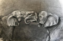 Sophie Harden Duel Sketch, Original Charcoal Painting of Elephants, Affordable
