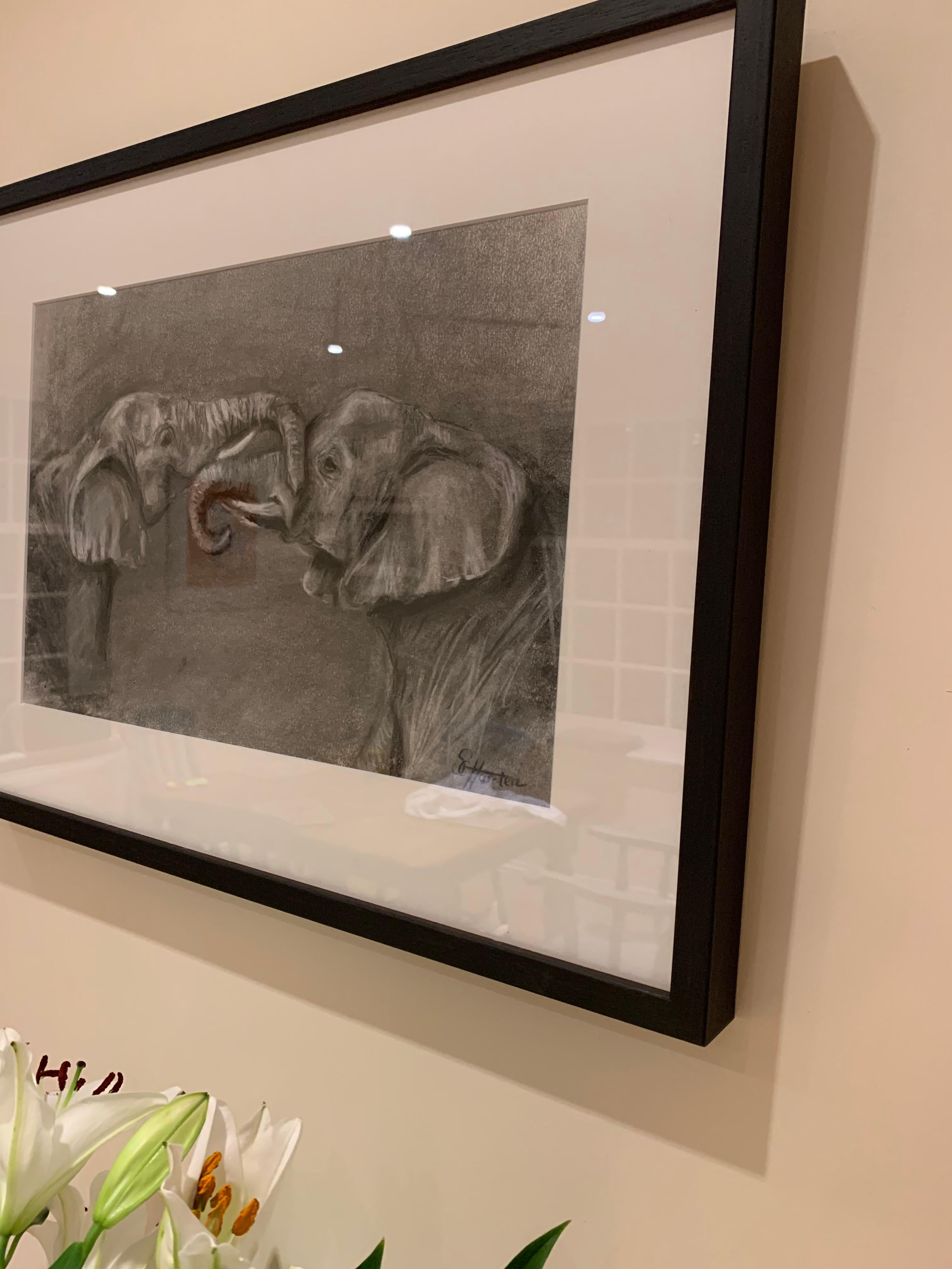 Sophie Harden Duel Sketch, Original Charcoal Painting of Elephants, Affordable For Sale 1