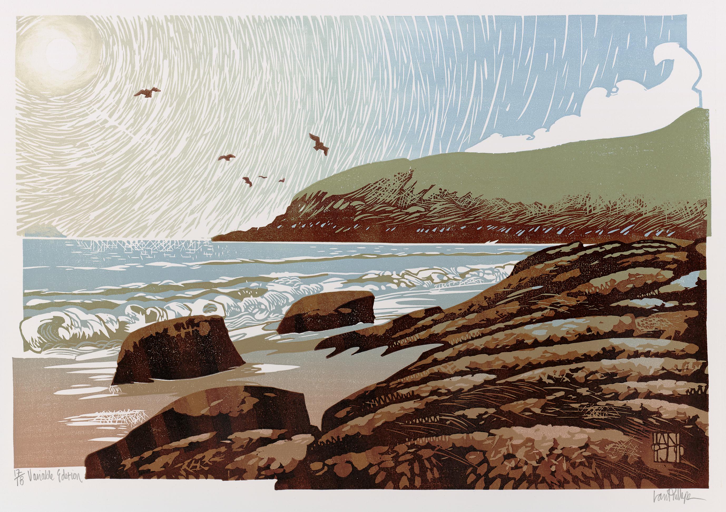 Ian Phillips, Sunshine Seagulls, Seascape Prints, Bright Art, Linocut Print