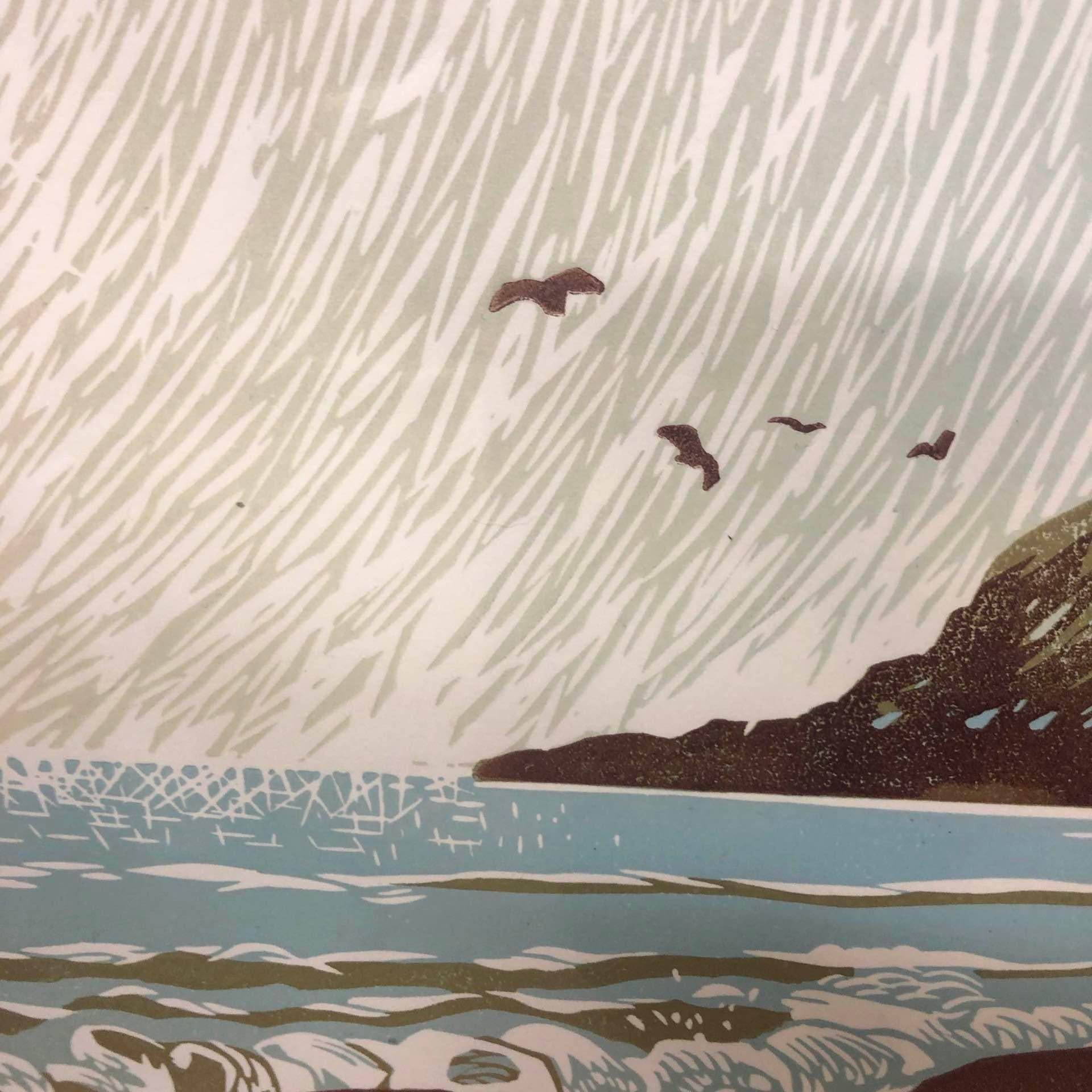 Ian Phillips, Sunshine Seagulls, Seascape Prints, Bright Art, Linocut Print For Sale 4