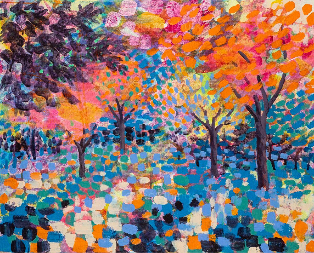 Arboretum is an Original Painting by Rosemary Farrer. ‘I begin by spending a lot of time drawing, outside in the case of landscapes, absorbing the atmosphere of a place, studying the forms and really understanding how the light falls. Back in the