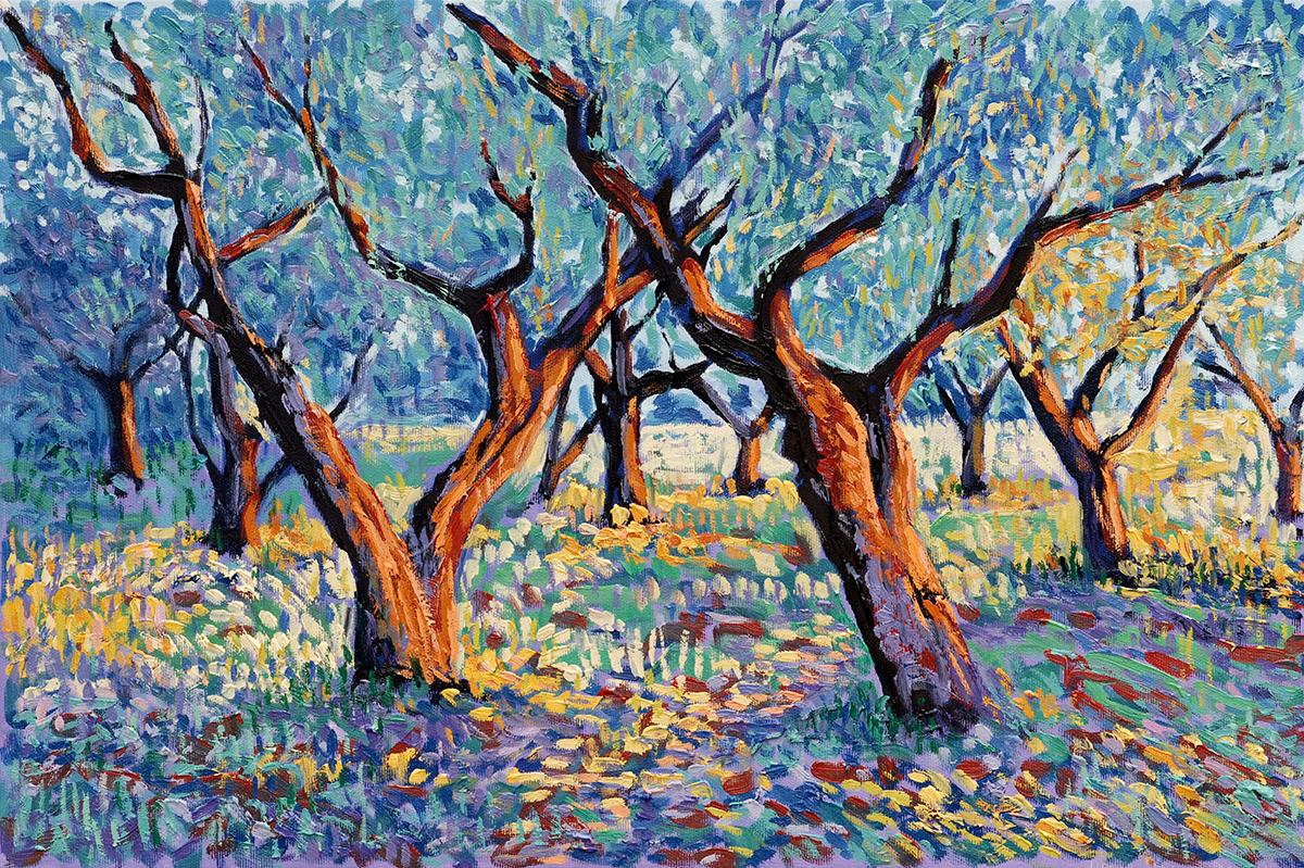 Landscape Painting Lee Tiller - Peinture à l'huile impressionniste The Olive Grove, Poème d'arbre 10 (L'olivier)