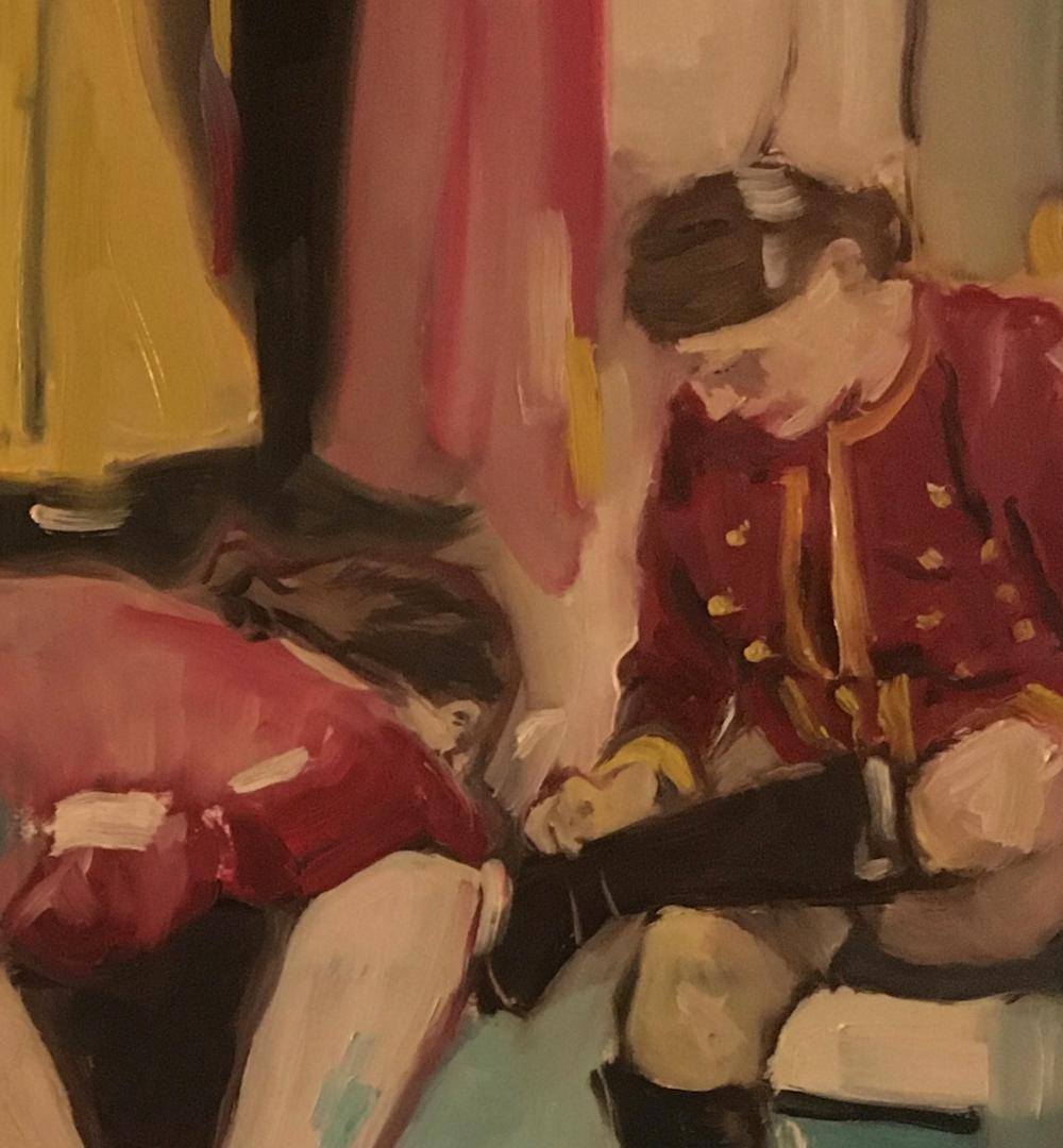 Dressing is an original Oil Painting by Eleanor Woolley.

This painting was preliminary sketched on site and finished in the Studio.
Spending time back stage at Giffords Circus I photographed and sketched the performers. I love to capture the bit of