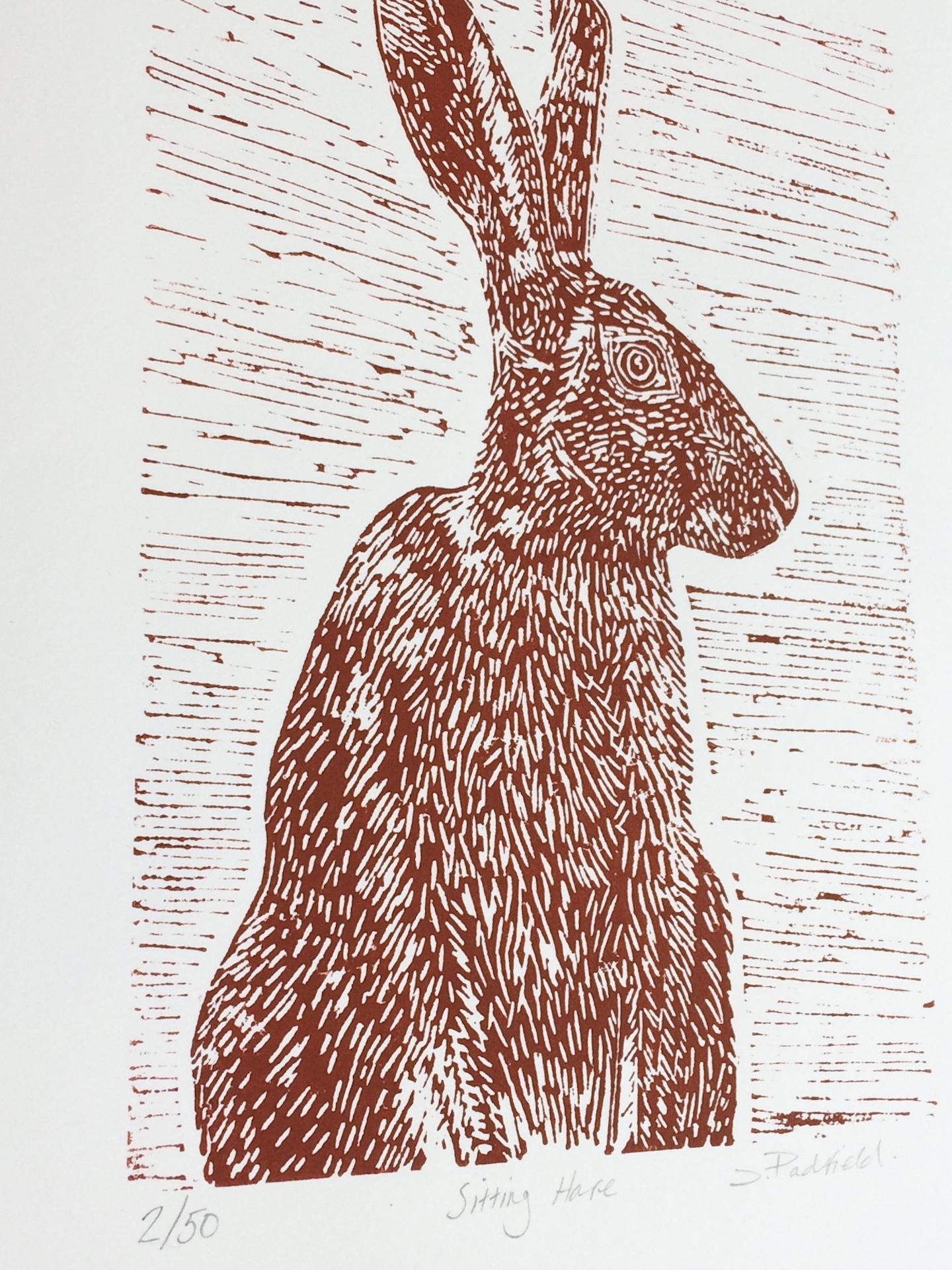 Sitting Hare, Joanna Padfield, Linocut Print, Brown Art, Affordable Animal Print For Sale 1