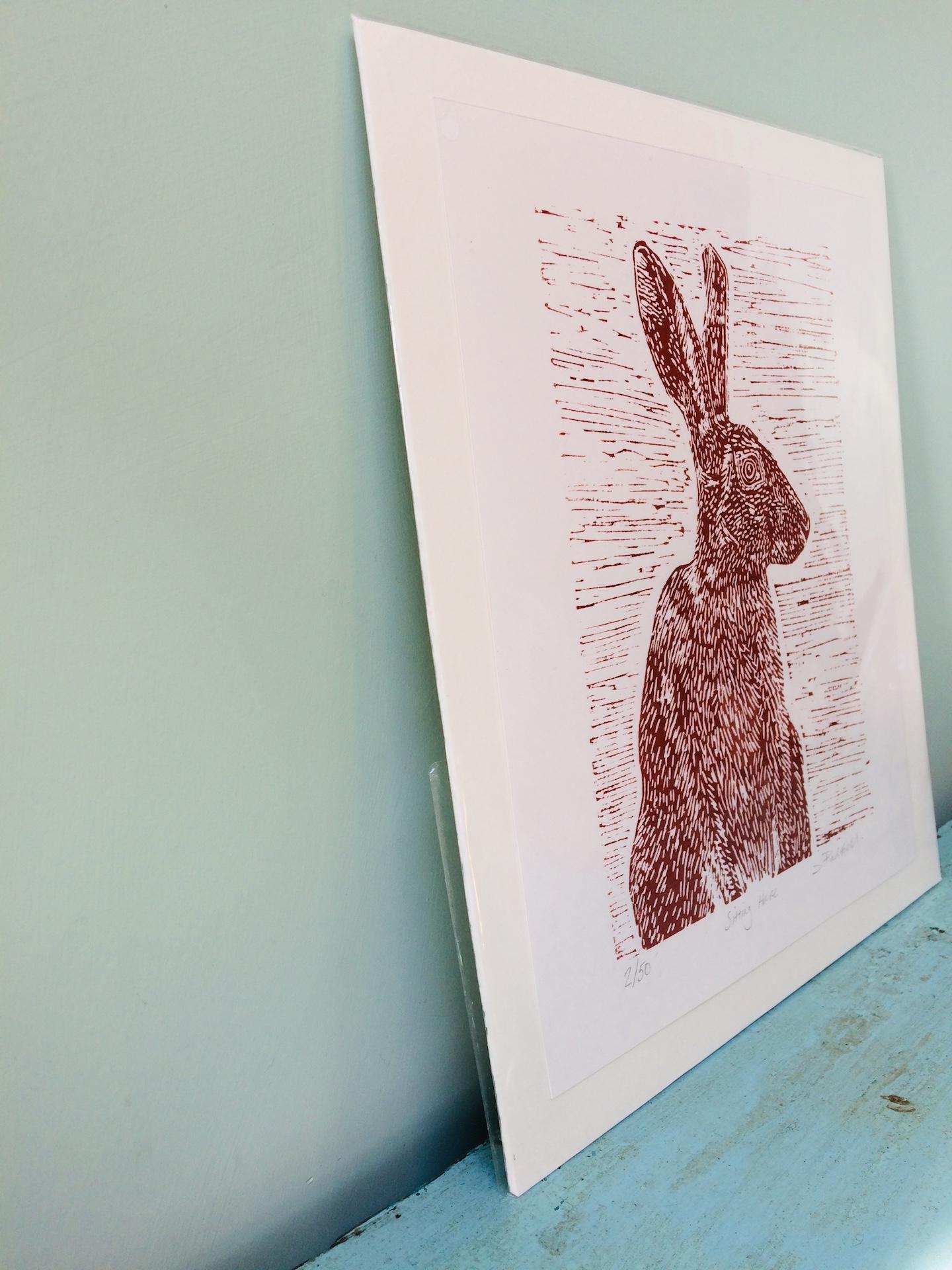 Sitting Hare, Joanna Padfield, Linocut Print, Brown Art, Affordable Animal Print For Sale 2