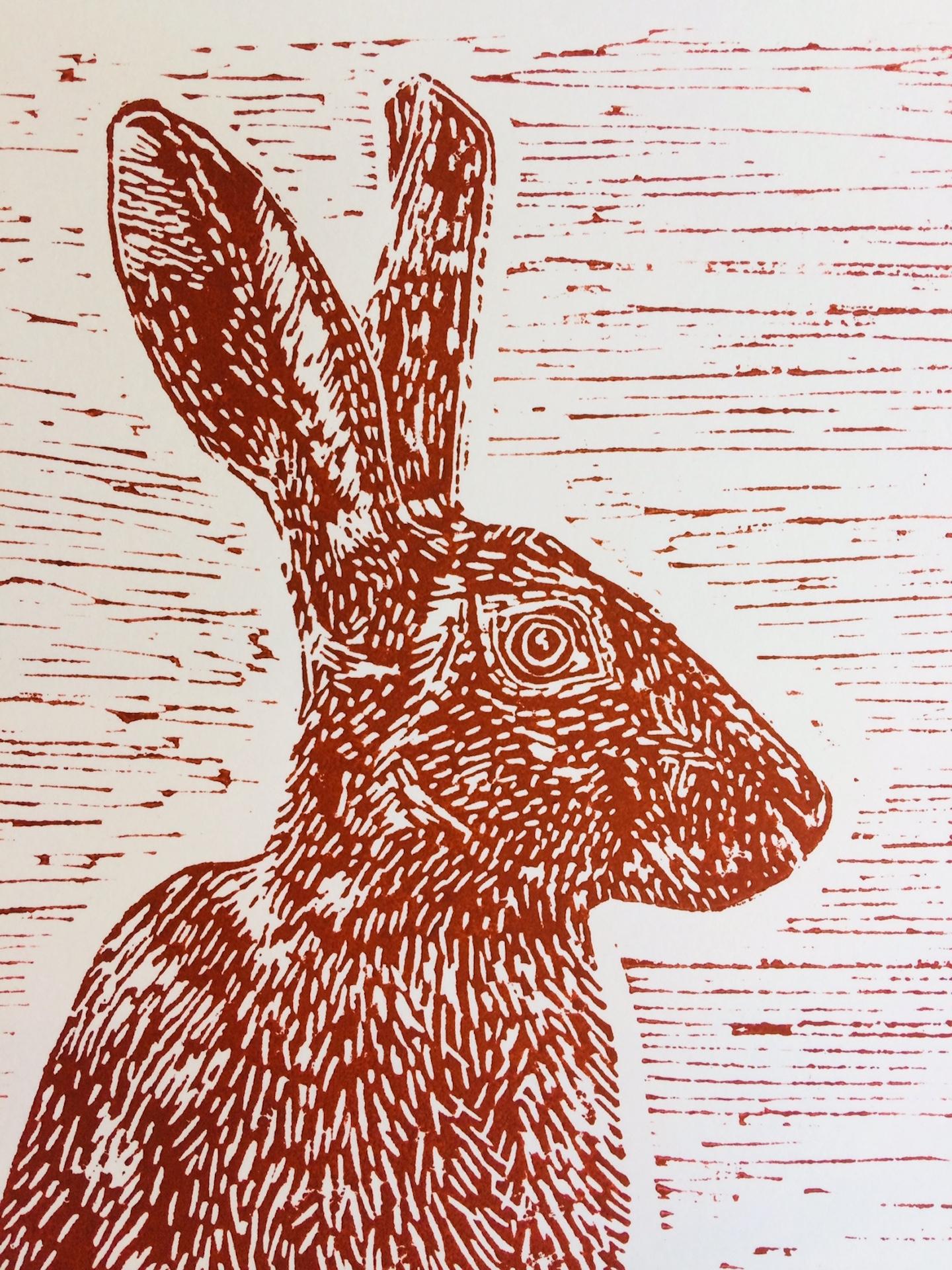 Sitting Hare, Joanna Padfield, Linocut Print, Brown Art, Affordable Animal Print For Sale 3