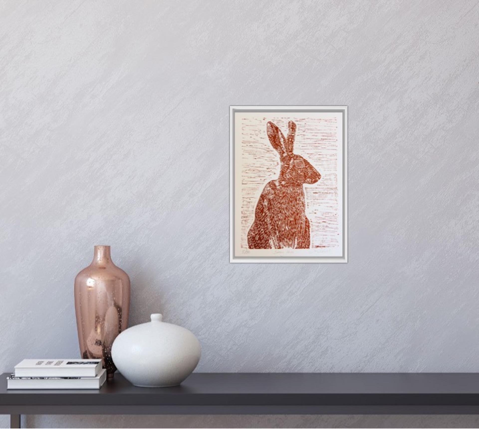 Sitting Hare, Joanna Padfield, Linocut Print, Brown Art, Affordable Animal Print For Sale 4