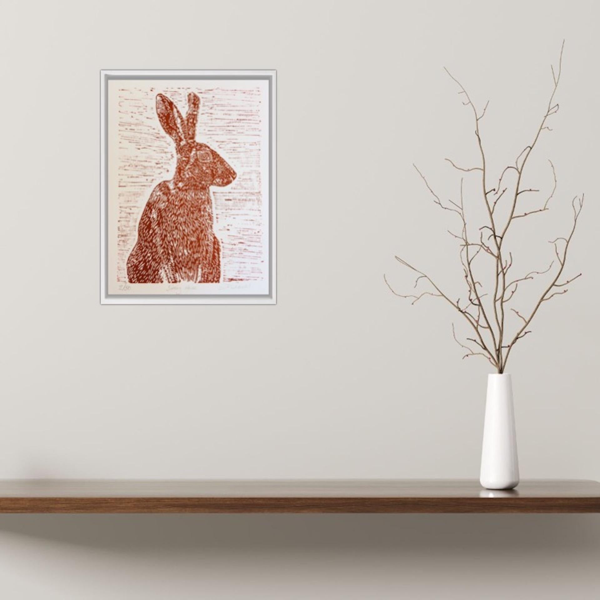Sitting Hare, Joanna Padfield, Linocut Print, Brown Art, Affordable Animal Print For Sale 5