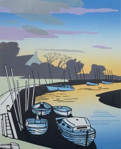 Blakeney Abend, Colin Moore, Leuchtende Kunst, Norfolk Art, Britische Kunst, Bootskunst