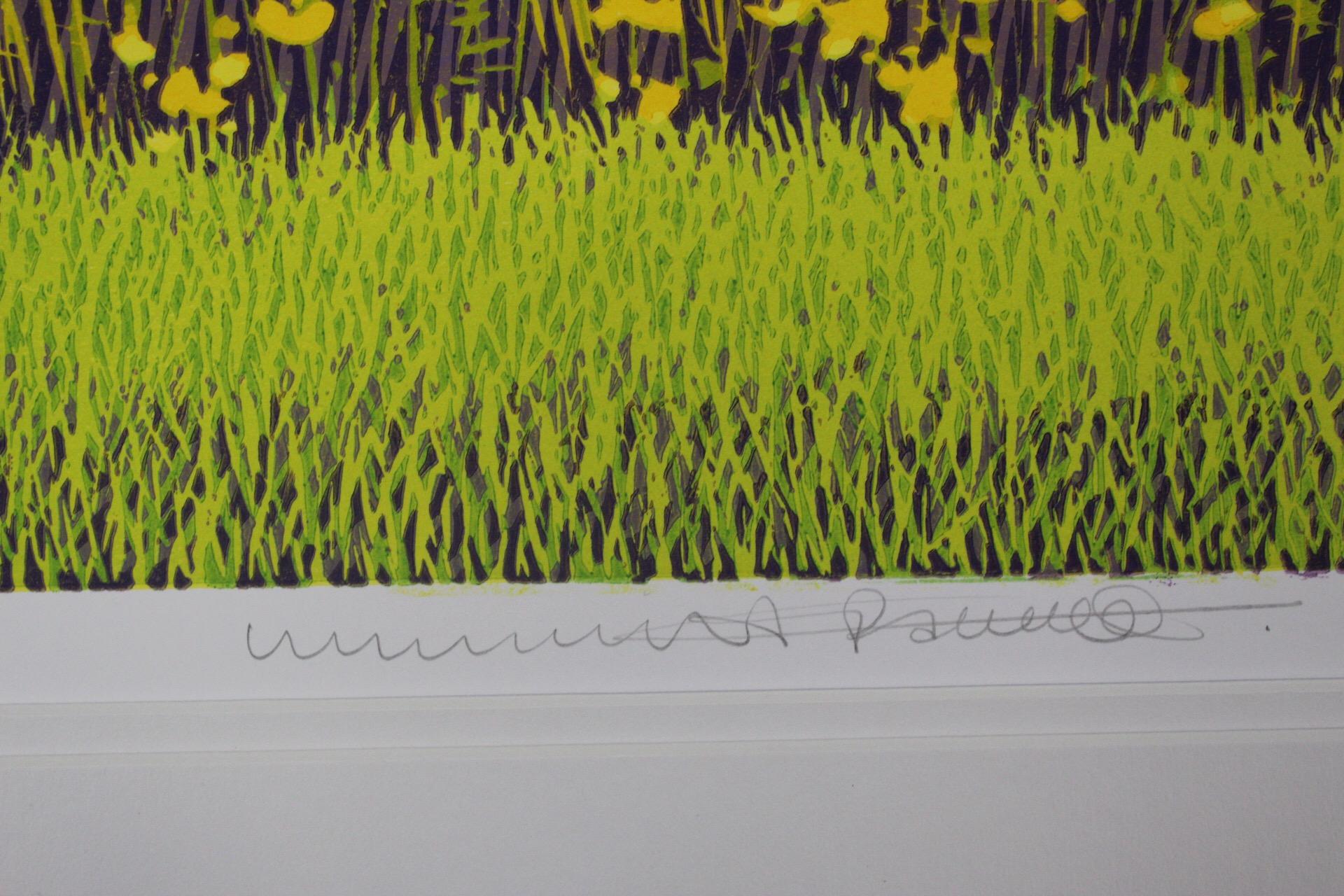 Mark A Pearce, Orchard Stripes, Contemporary Linocut Print, Bright Landscape Art For Sale 1