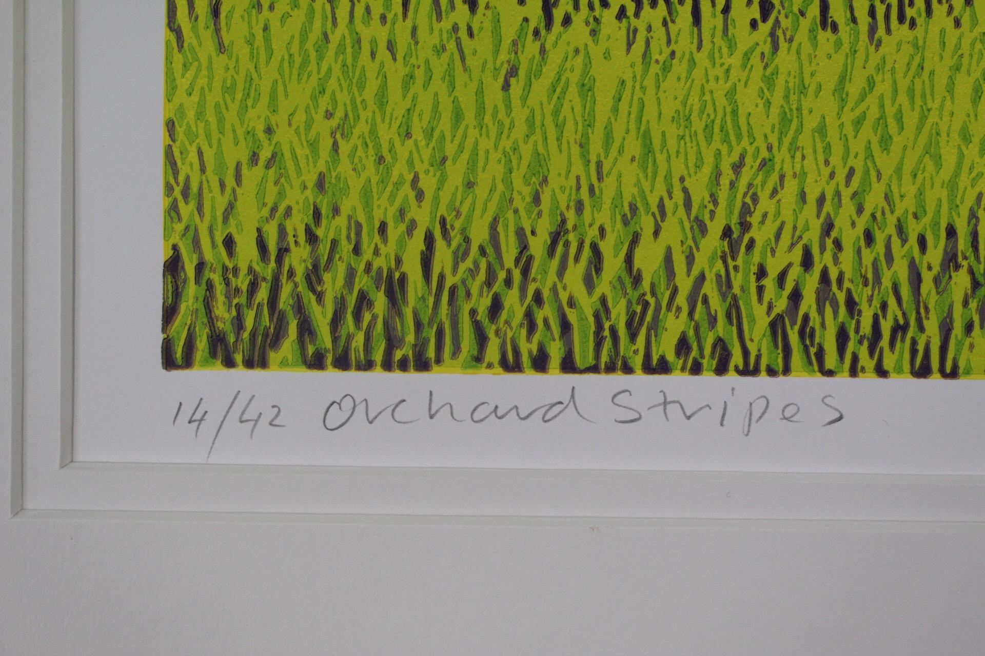 Mark A Pearce, Orchard Stripes, Contemporary Linocut Print, Bright Landscape Art For Sale 2