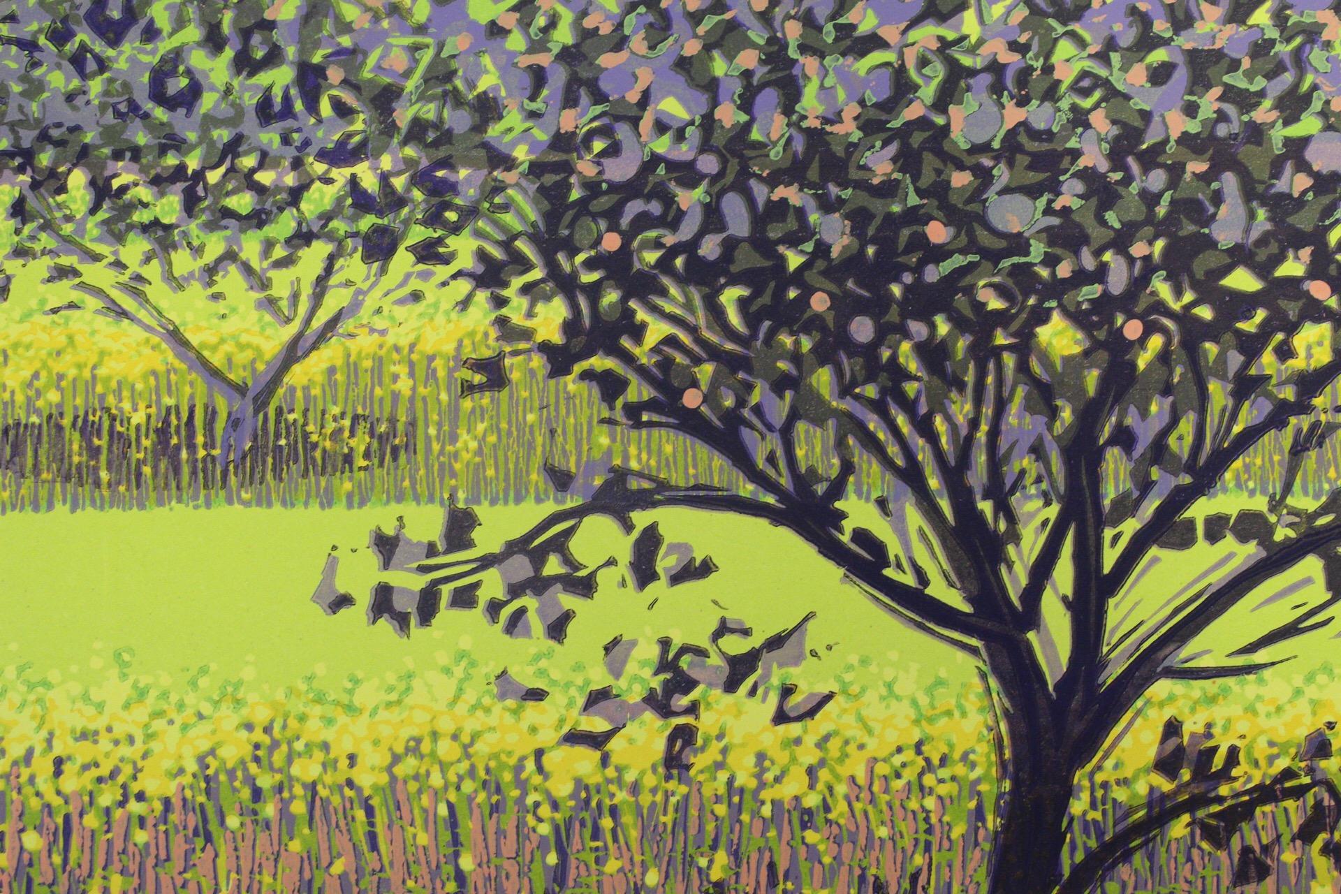 Mark A Pearce, Orchard Stripes, Contemporary Linocut Print, Bright Landscape Art For Sale 3