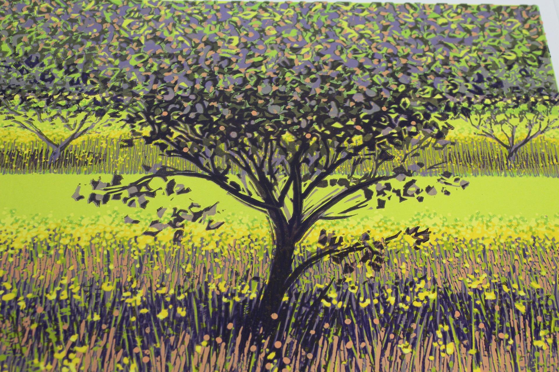 Mark A Pearce, Orchard Stripes, Contemporary Linocut Print, Bright Landscape Art For Sale 5