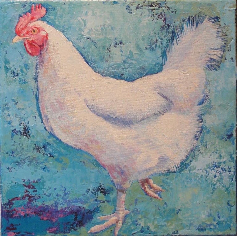 Sharon Williams ‘Agnes’.
Unframed artist’s acrylic on artist’s grade canvas.

Lots of layers and texture ‘Agnes’ (our very friendly and inquisitive chicken ) on a lovely blue background.
