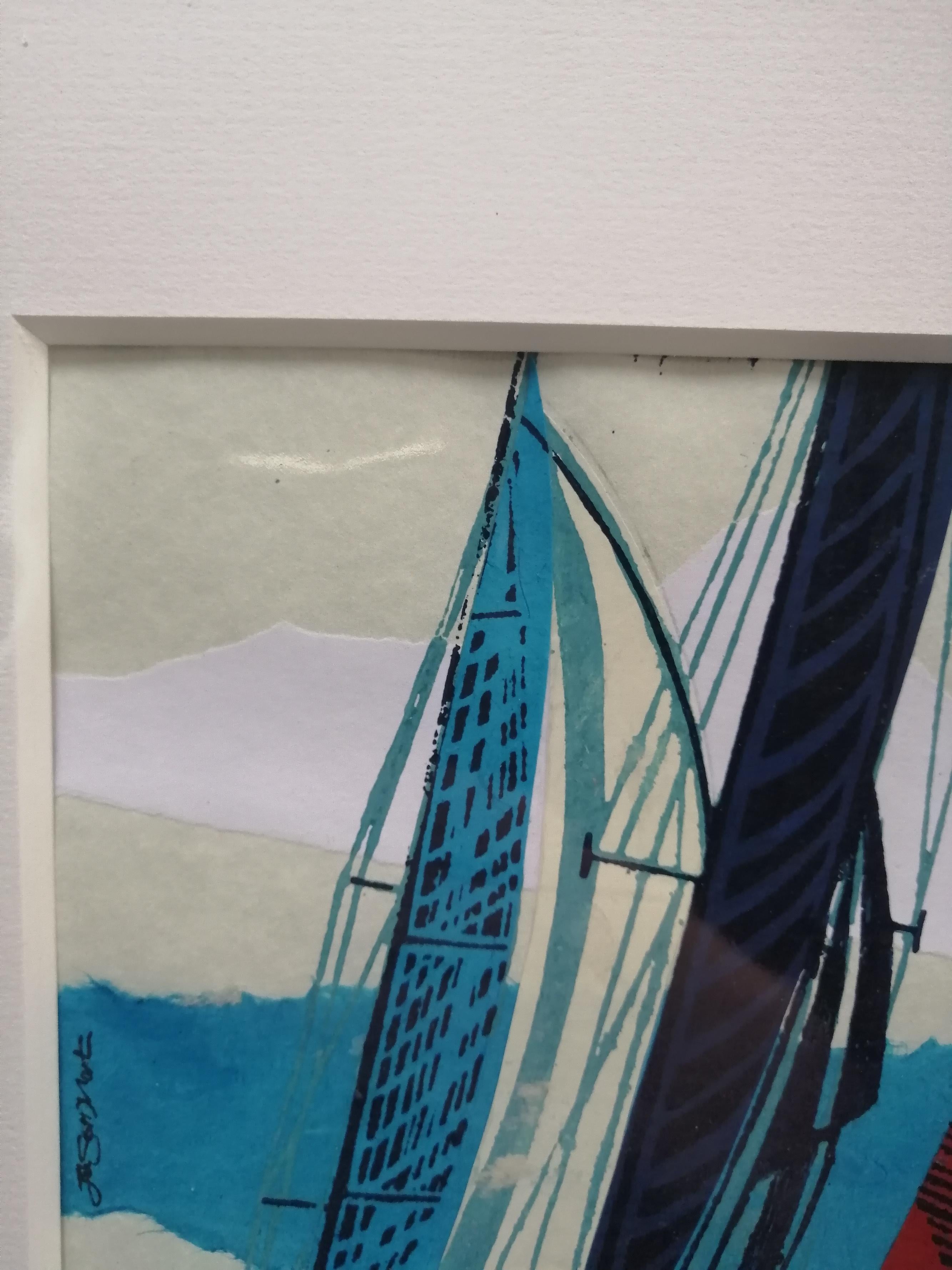 Cowes Classics by John Scott Martin, seascape, sailing, boats, linocut print For Sale 2