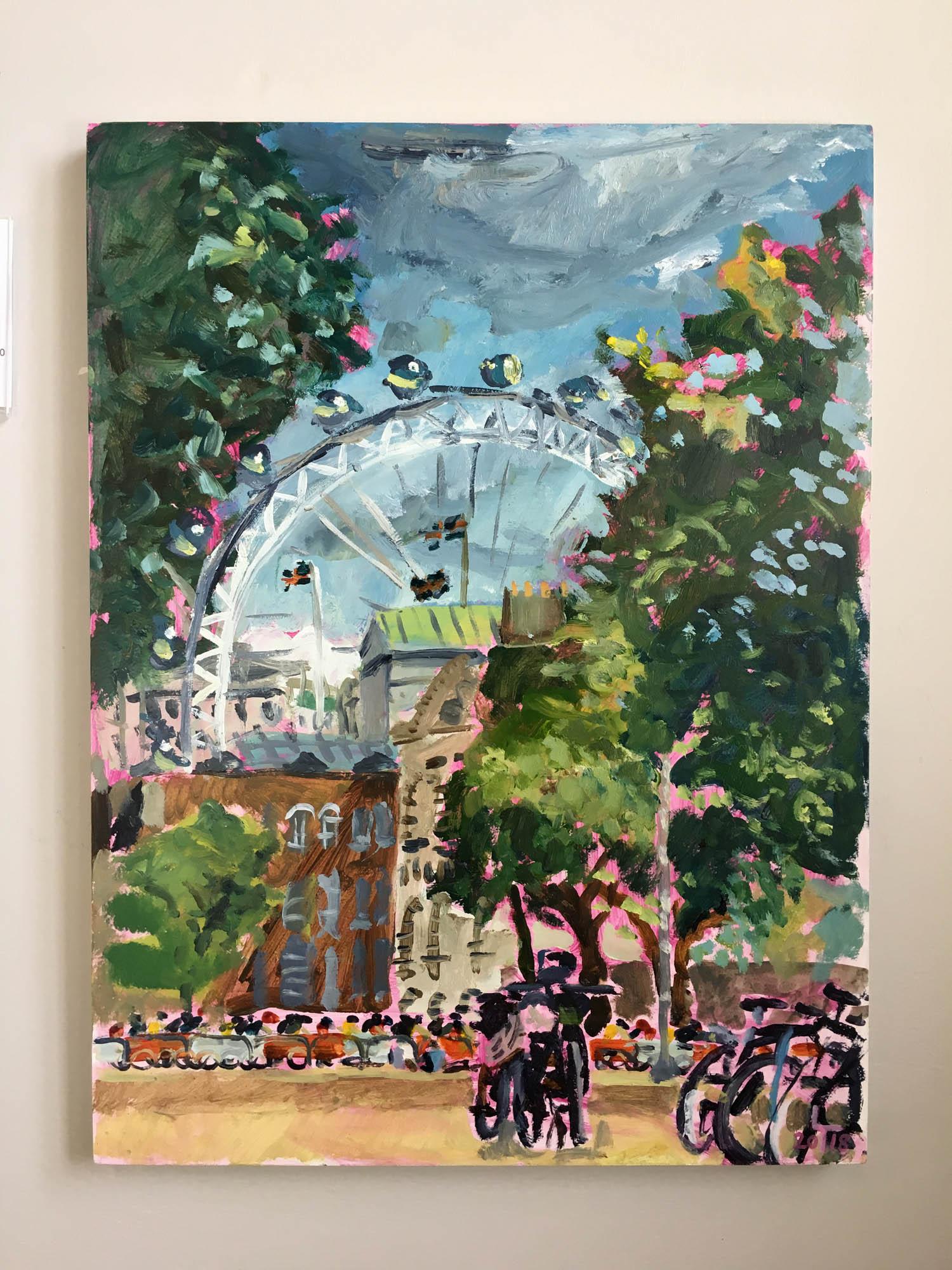 London Eye and Horse Guards Parade from St James Park, London - Gray Abstract Painting by Lisa Takahashi