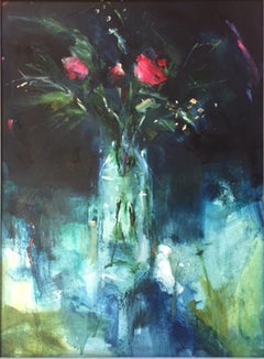 Three Red Roses in a Glass Jug, original painting, affordable art for sale, floral