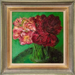 Henrietta Caledon, Alstroemeria Red on Green, Original Contemporary Framed Oil