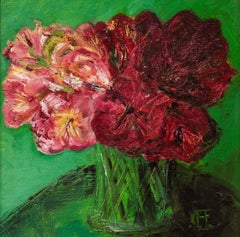 Henrietta Caledon, Alstroemeria Red on Green, Original Contemporary Framed Oil