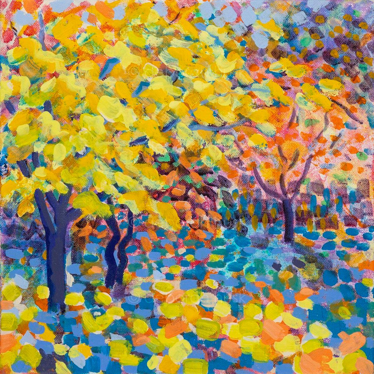 Gelbes Ahornholz, Ahornbaum-Gemälde, Original impressionistische Kunst von Rosemary Farrer