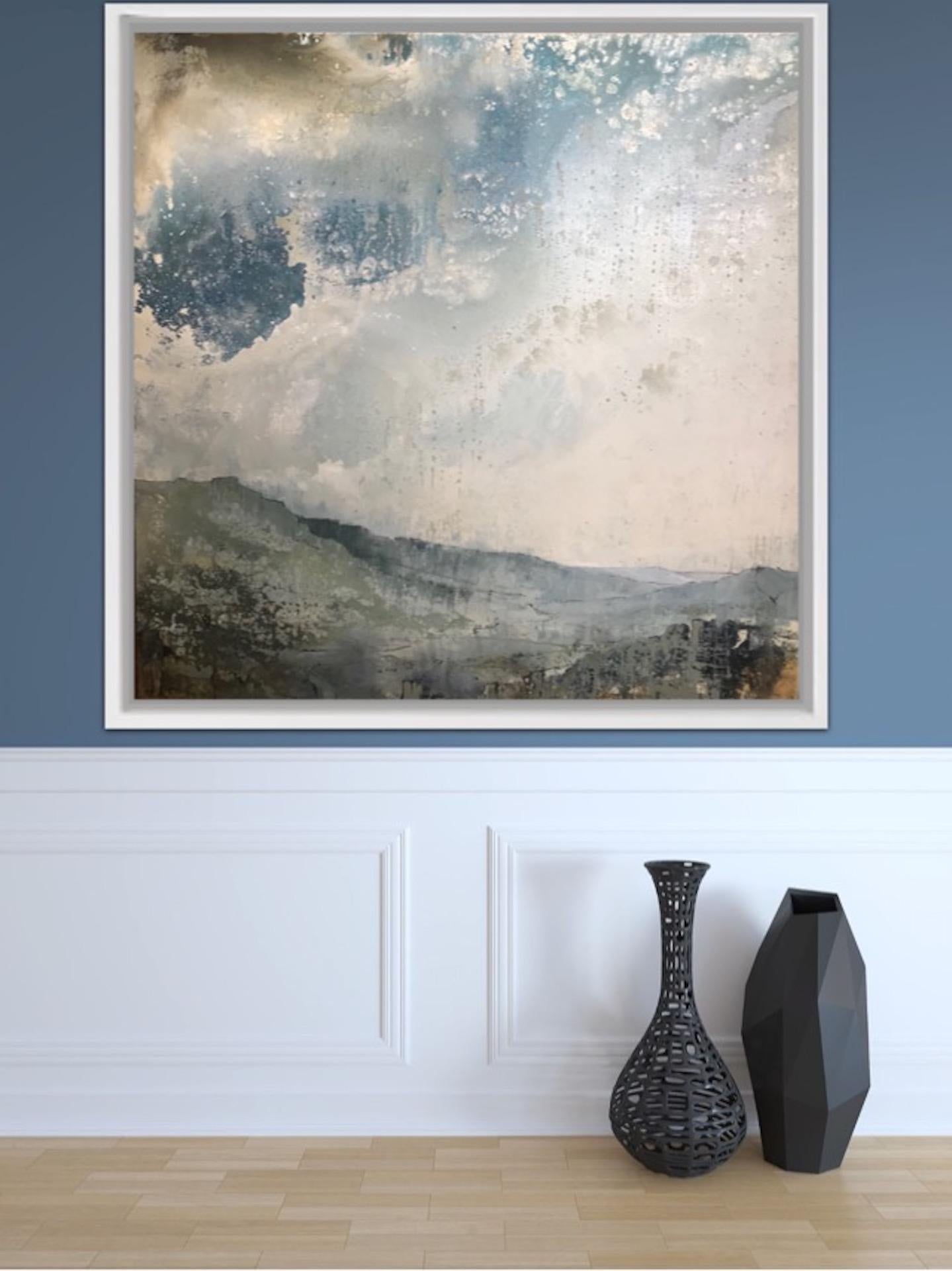 Calmer Skies, James Bonstow, peinture de paysage contemporaine, Bright Art, bleu en vente 7