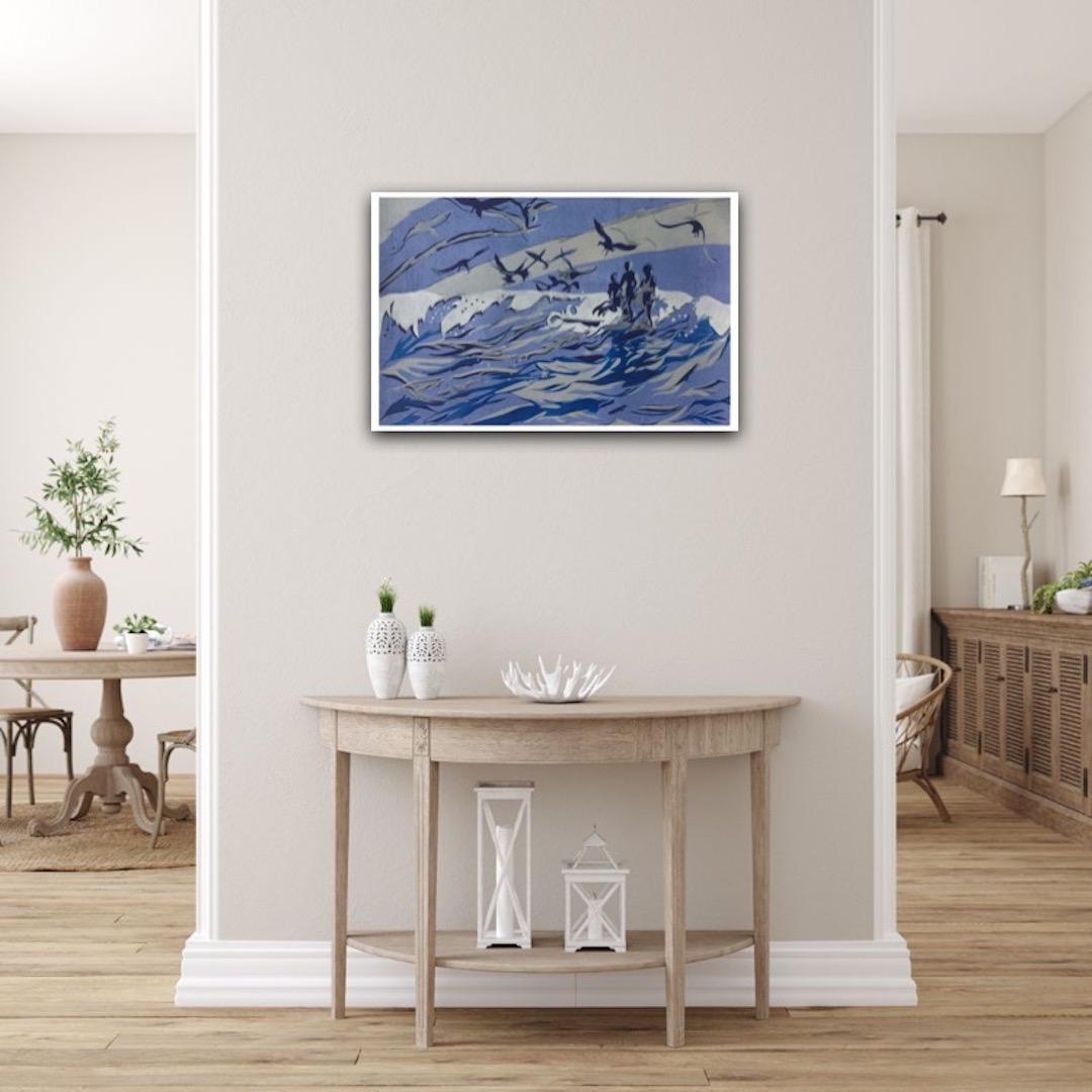 Lisa Takahashi, Los surfistas, Arte del paisaje marino, Arte asequible, Impresión en linograbado en venta 1