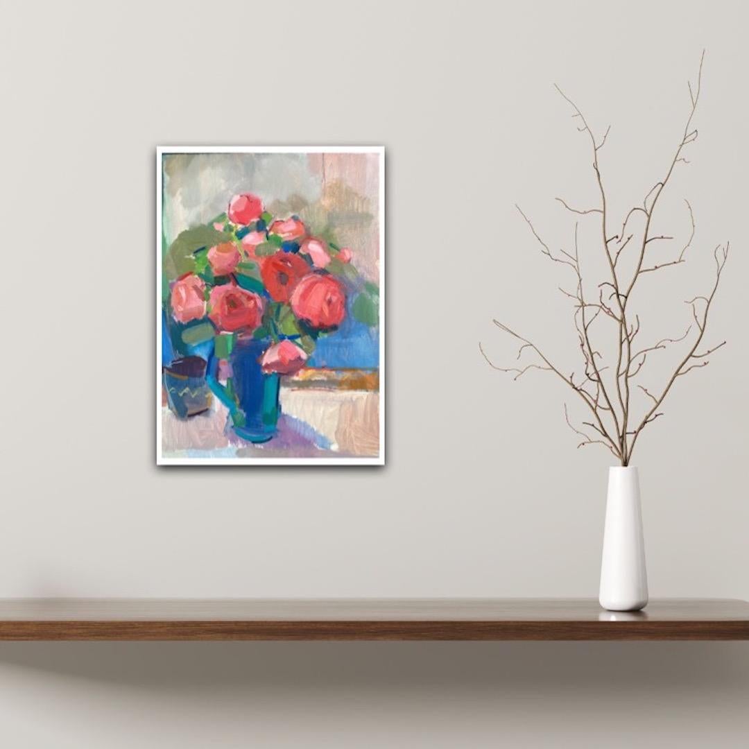 Rosie Copeland, Red Roses, Blue Jug, Original Still Life Painting,  For Sale 4