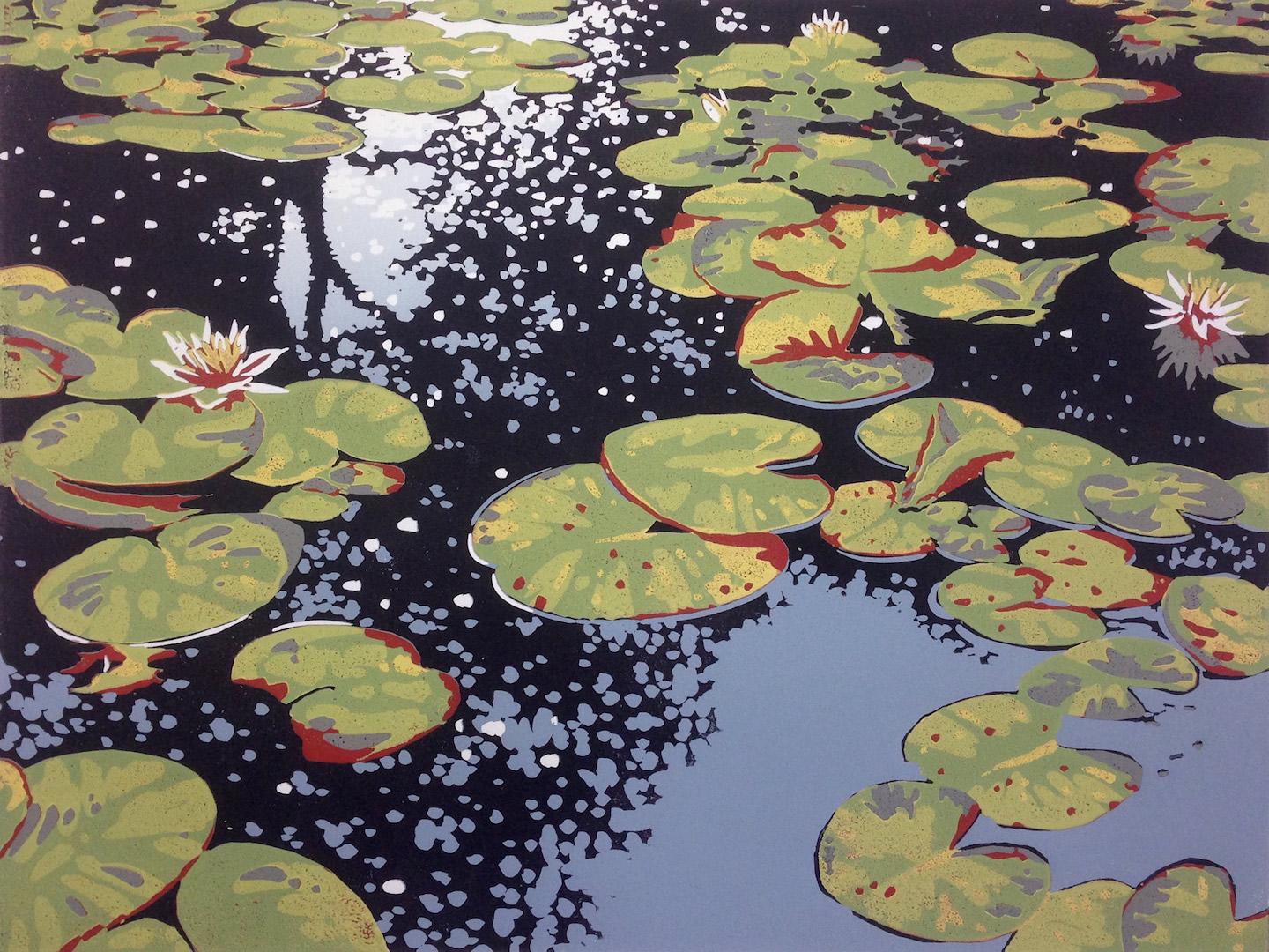 Alexandra Buckle
Lily Pond Reflections
Limited Edition Linocut on Paper
Edition of 9
Sold Unframed
Image size: 30 cm x 40 cm x 0 cm
Sheet Size: 37 cm x 47 cm x 0 cm

Reduction linocut of lilies on a pond with a reflected tree. This is one of a small