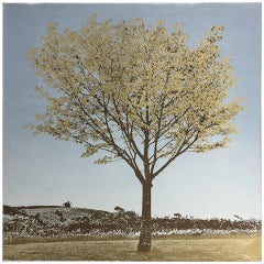 Blattgold, Anna Harley, Baumkunst, Zeitgenössischer Landschaftsdruck, Kalmkunst, Blau