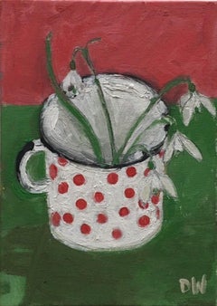 Deborah Windsor, Snowdrops In a Spotty Enamel Mug, Still Life Art