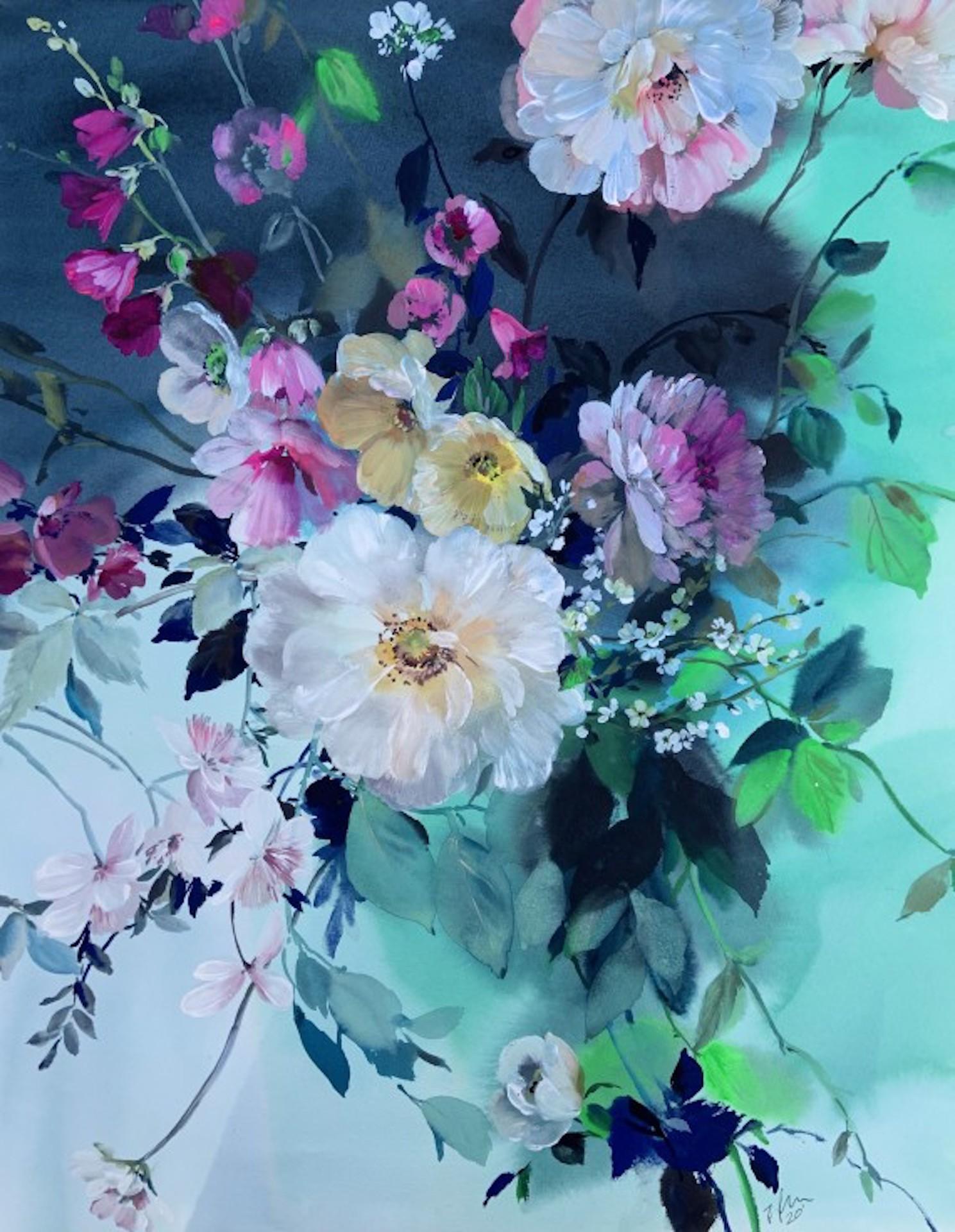 Jo Haran, Longing for Light, Art floral, peinture d'origine en techniques mixtes