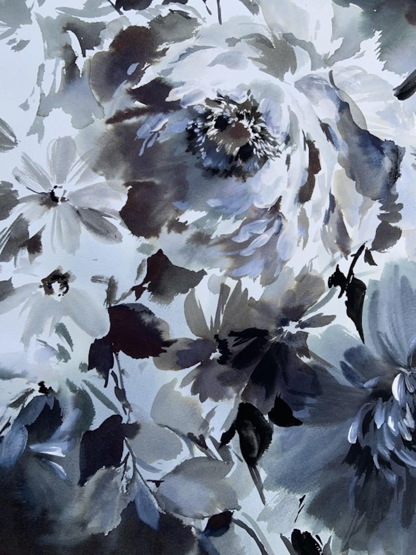 Pétalos en monotono, Jo Haran, Pintura floral original, Obra de arte asequible en venta 3