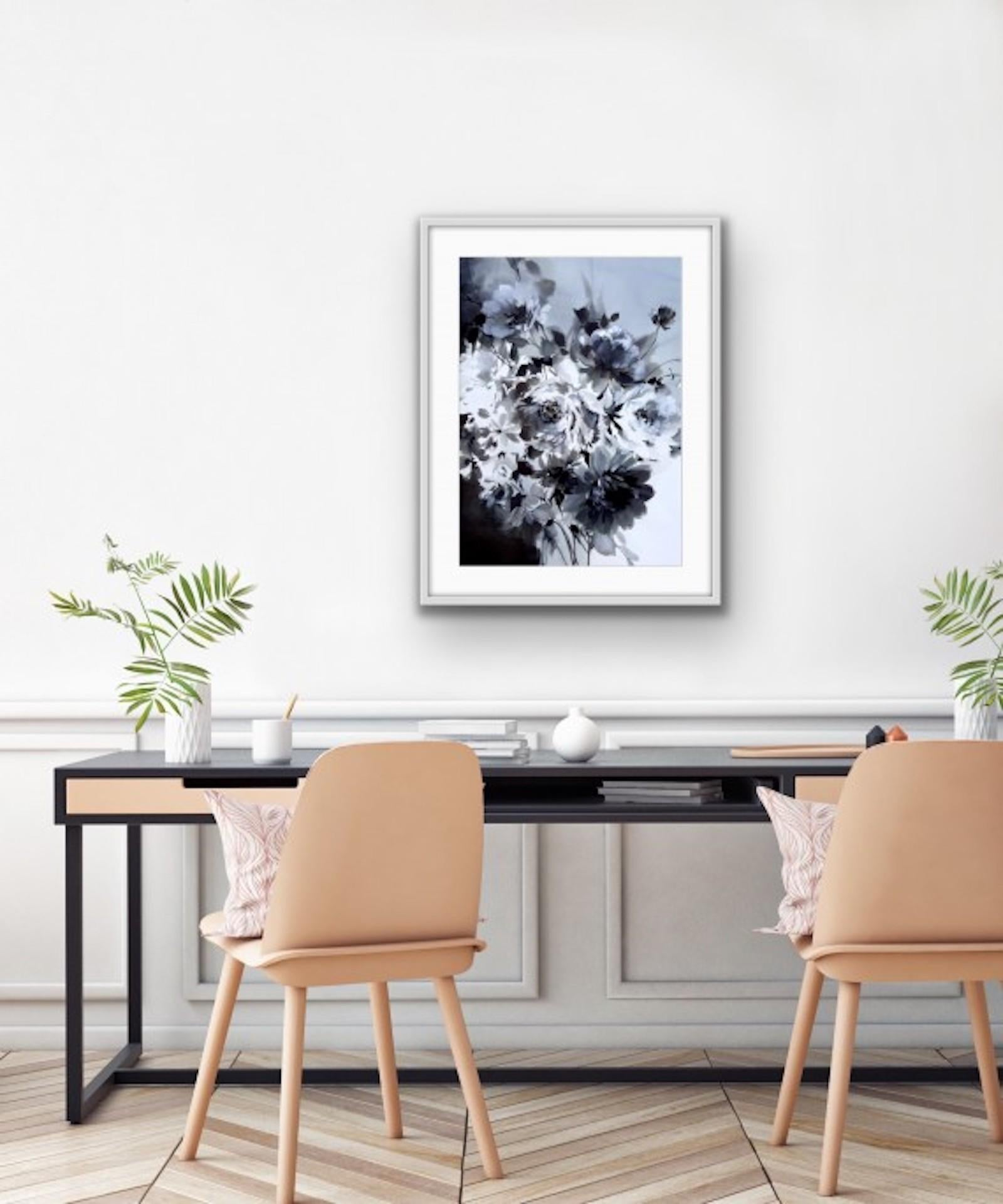Pétalos en monotono, Jo Haran, Pintura floral original, Obra de arte asequible en venta 7
