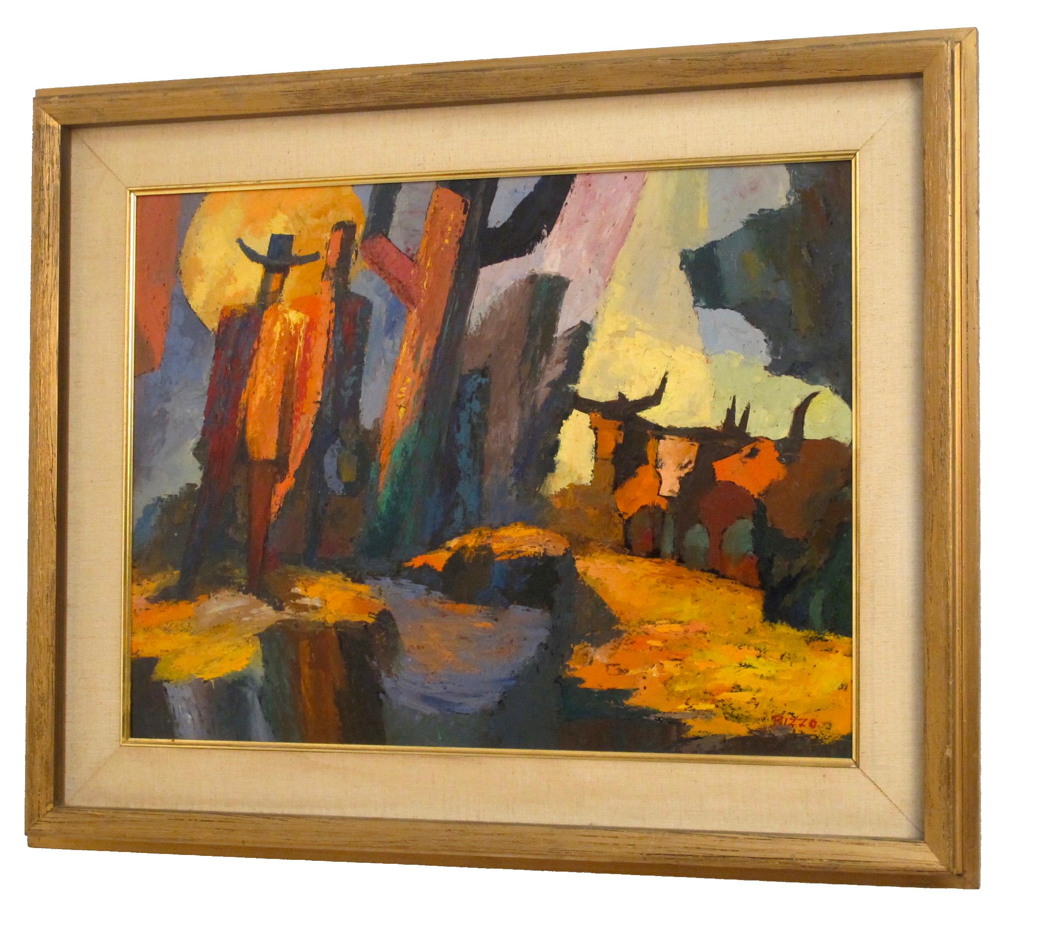 A abstract western landscape oil painting on panel in original frame by California artist Anthony Rizzo (b.1919-d.2000). 
American, mid-20th century.
Anthony Rizzo was active/lived in California.  Anthony Rizzo is known for town-landscape and