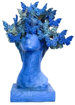 Beautiful and elegant blue painted bronze sculpture "Clio, Musa della Storia"