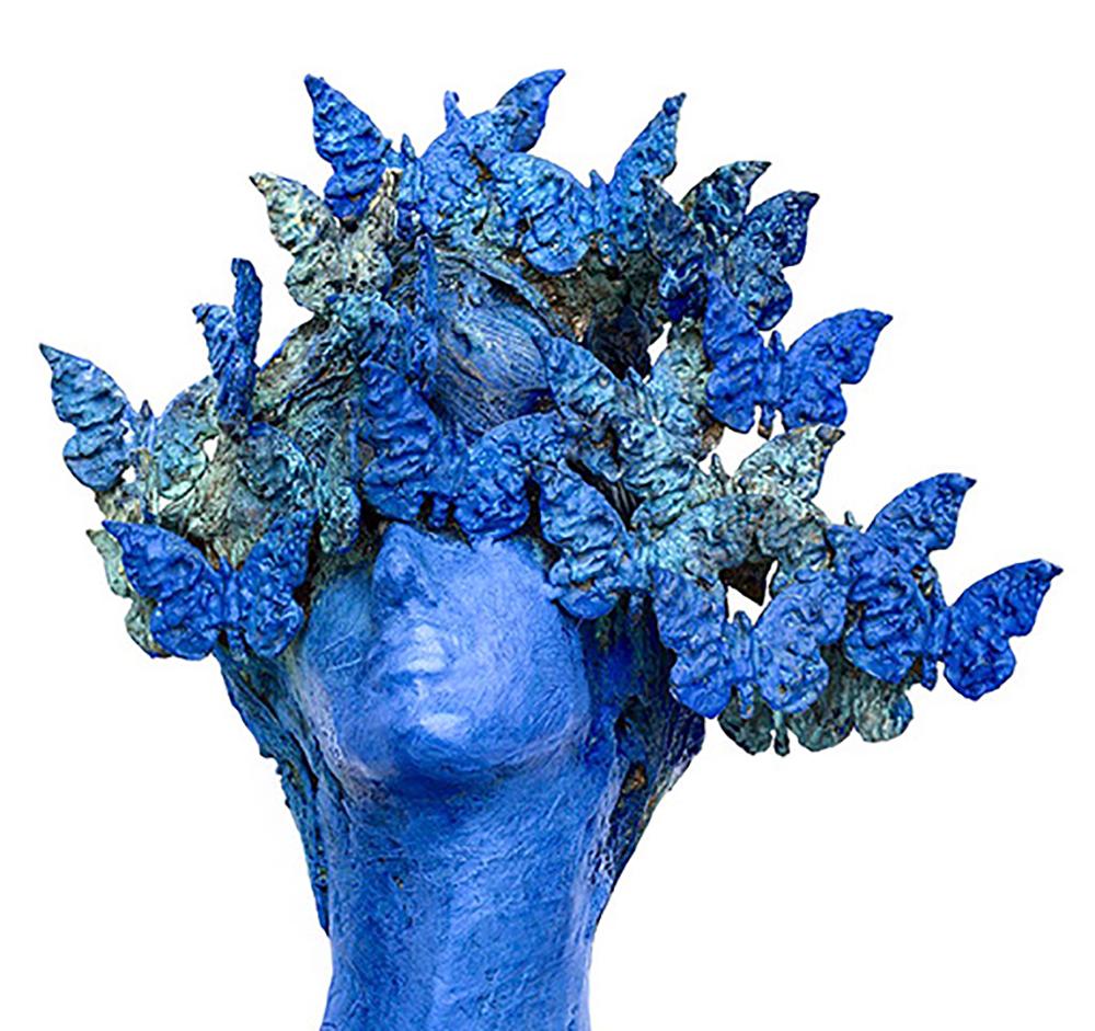 Beautiful and elegant blue painted bronze sculpture "Clio, Musa della Storia"