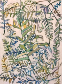 Resurrection Fern, Vertical Framed Mixed Media on Paper Fern Painting