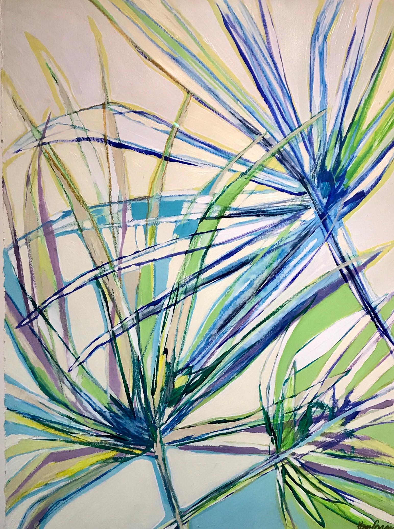 Kelli Kaufman Landscape Painting - Palm Frond III, Vertical Framed Abstracted Palm on Paper