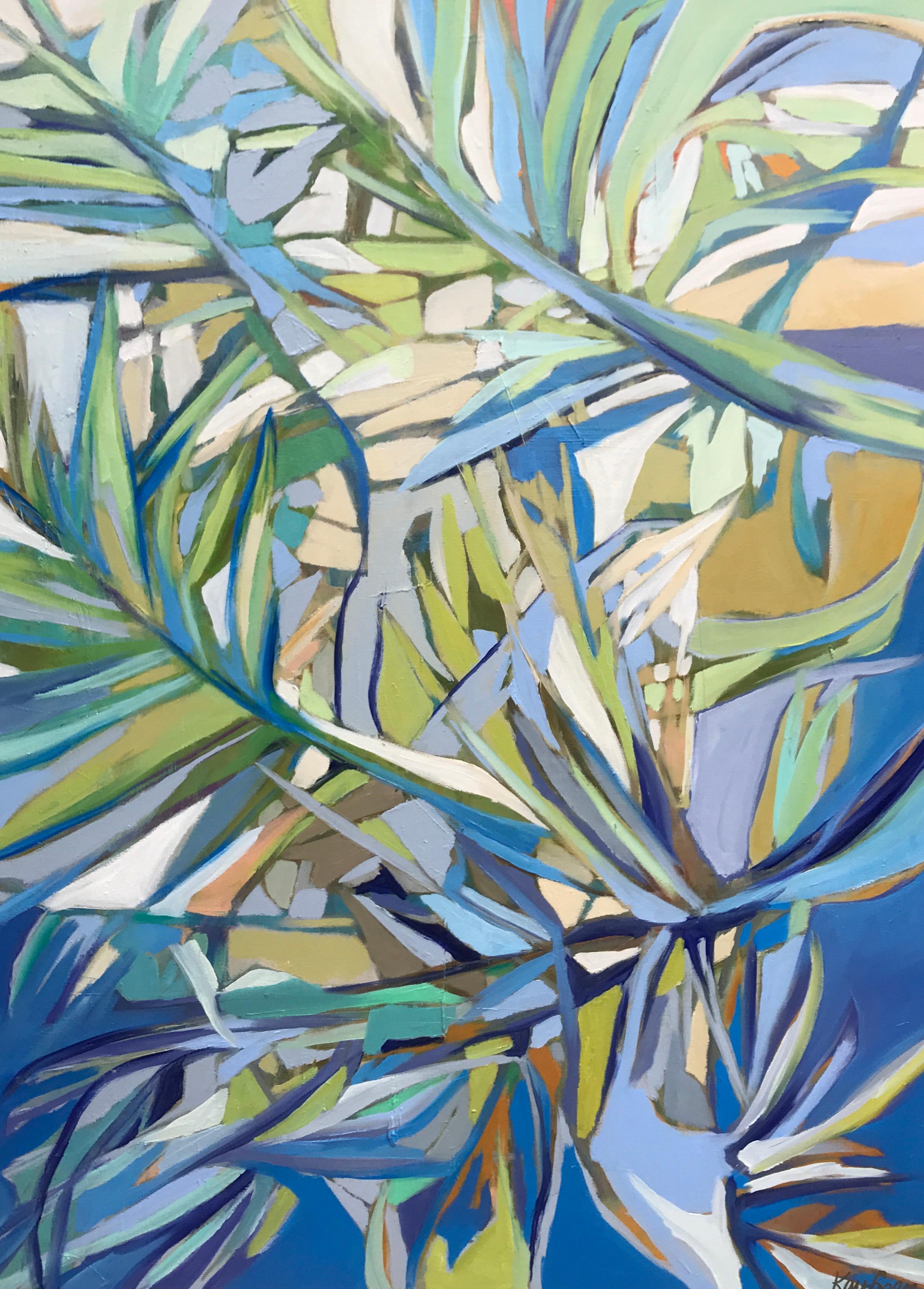 'Coastal Palm' is a medium size contemporary  framed oil and wax on canvas still-life painting created by American artist Kelli Kaufman in 2018. Featuring a vivid palette mostly made of blue, green, purple, yellow and orange tonalities, this