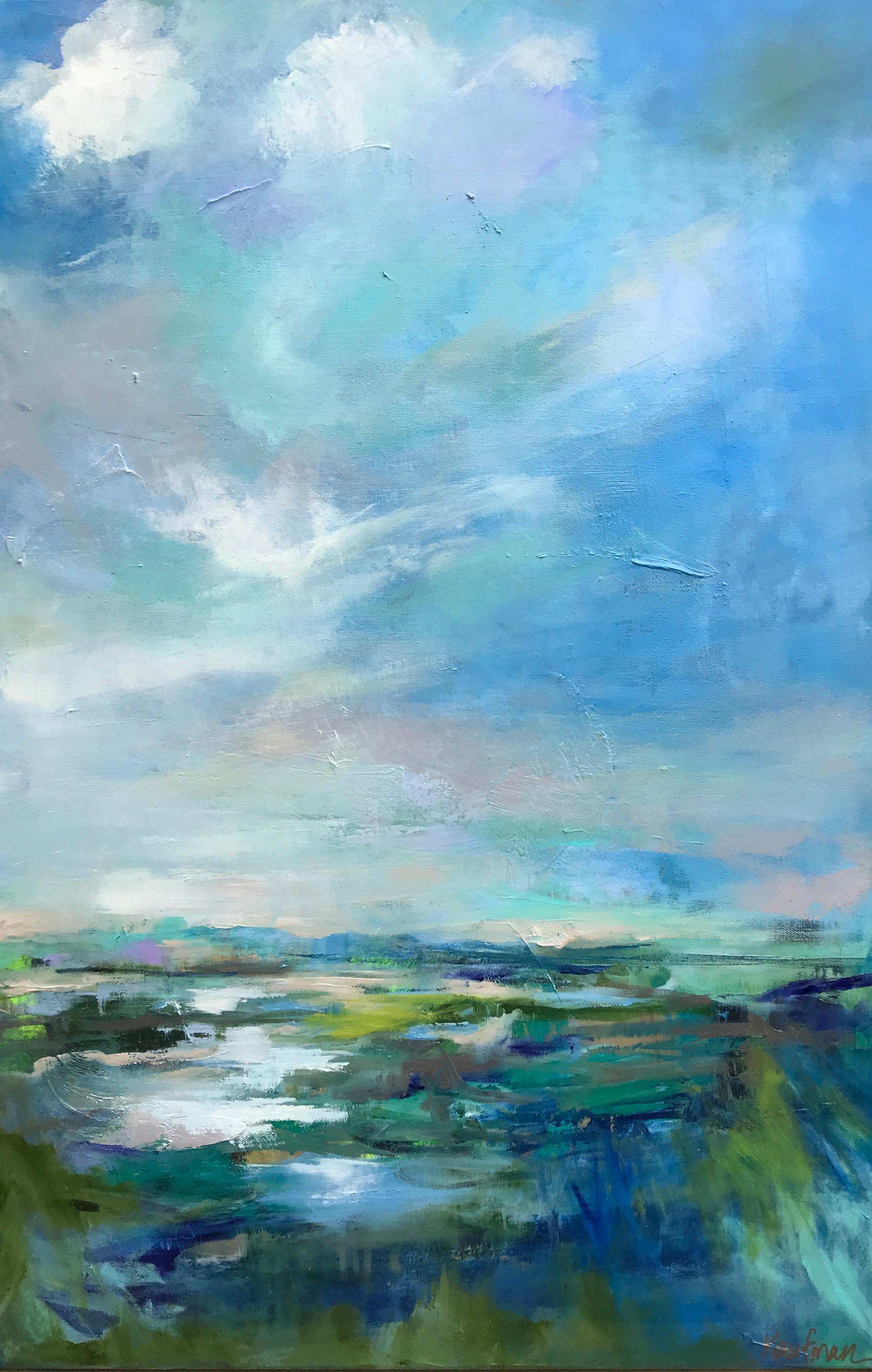 'Engulfed I' is a vertical framed contemporary landscape painting created by American artist Kelli Kaufman in 2018. Featuring an exquisite palette made of cold tonalities such as blue, green, purple and beige, the painting evokes the beauty of the