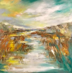 Marsh Pathway, Kelli Kaufman Large Framed Oil and Wax Landscape Painting