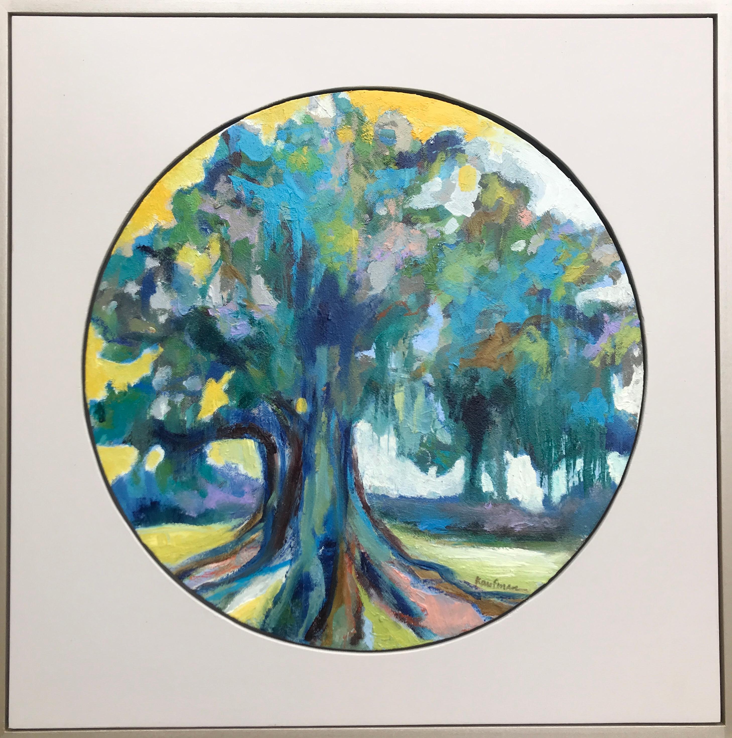 'Oak I' is a small oil and wax on canvas circular landscape painting set inside a square frame, created by American artist Kelli Kaufman in 2018. Featuring an exquisite palette made of a lovely tonality of green, blue and yellow, the painting