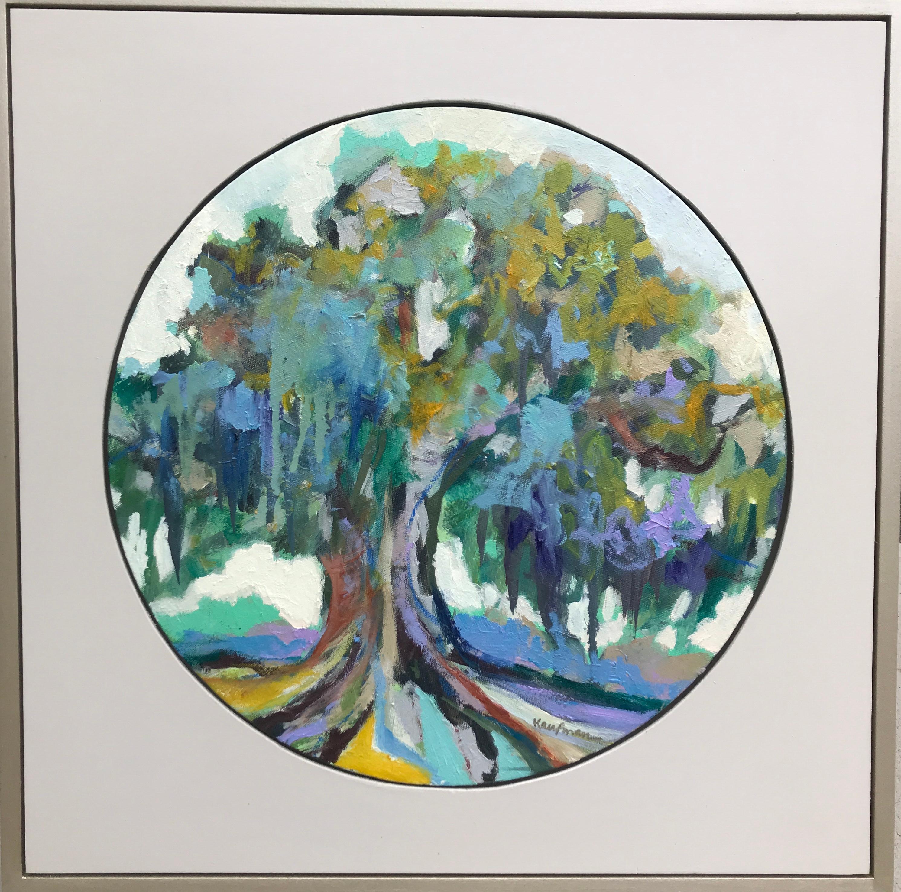 'Oak II' is a small contemporary oil and wax on canvas circular landscape painting set inside a square frame, created by American artist Kelli Kaufman in 2018. Featuring an exquisite palette made of a lovely tonality of blue, purple, green and
