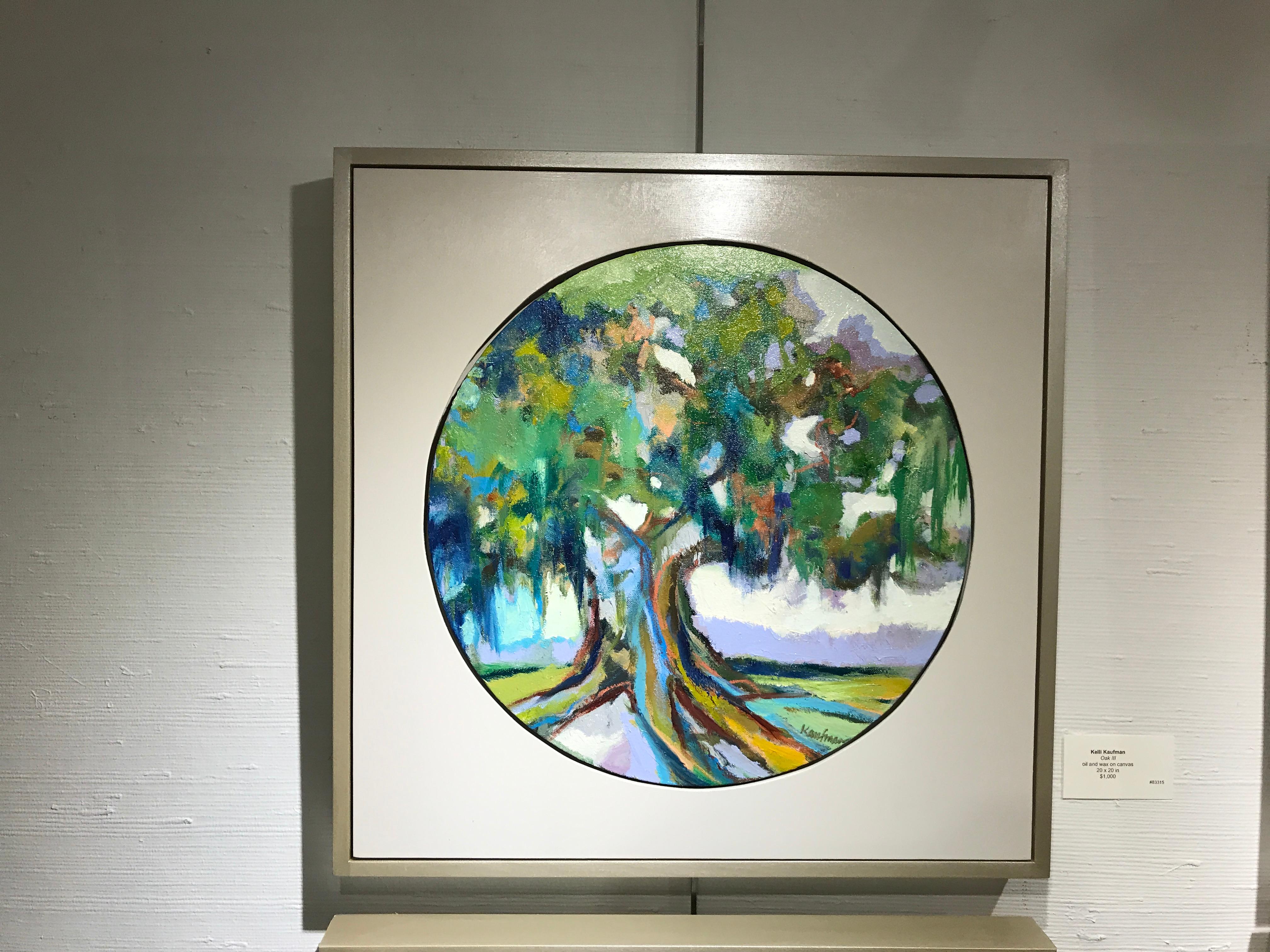 Oak III, Kelli Kaufman Framed Oil and Wax on Canvas Circular Landscape Painting 2