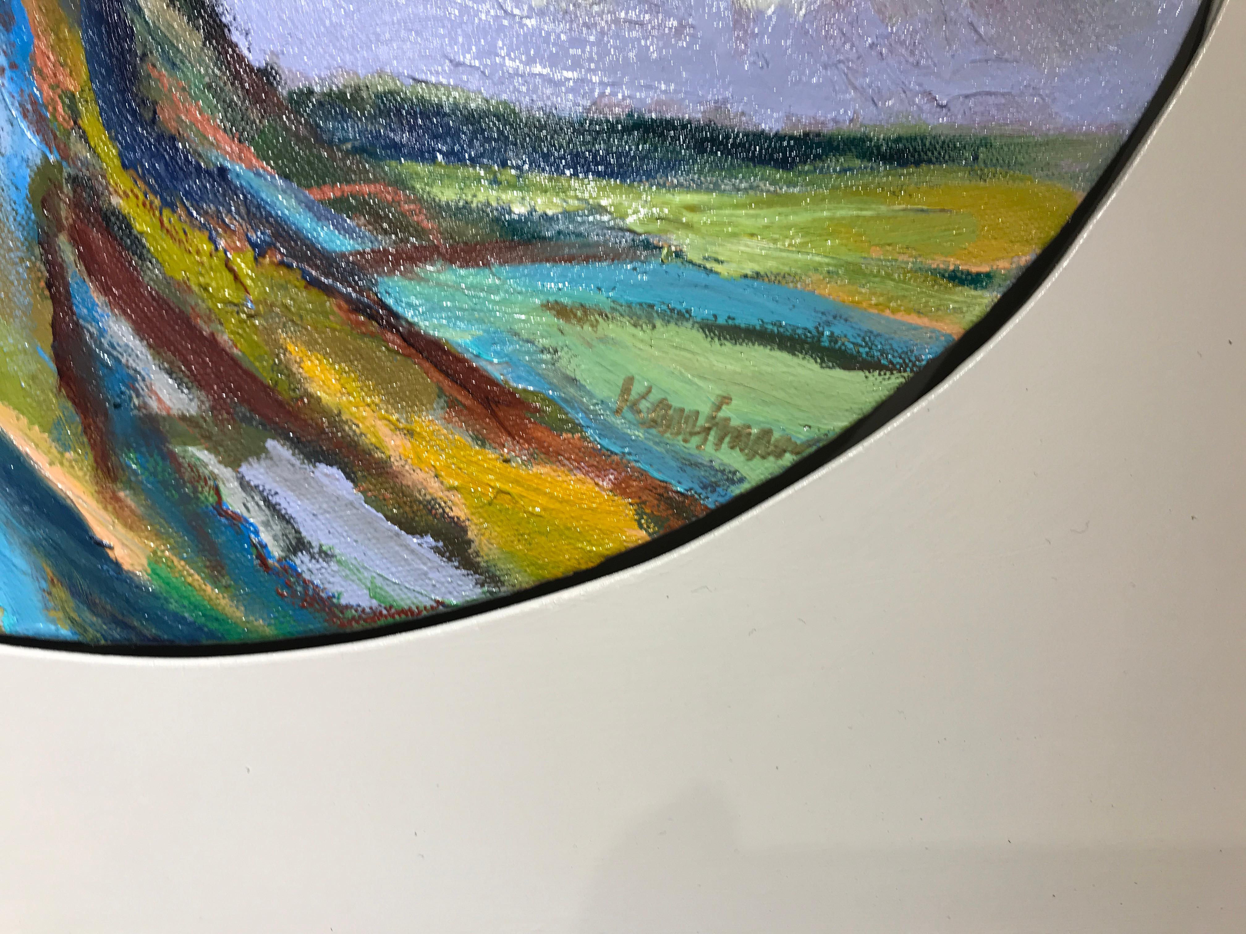 Oak III, Kelli Kaufman Framed Oil and Wax on Canvas Circular Landscape Painting 3