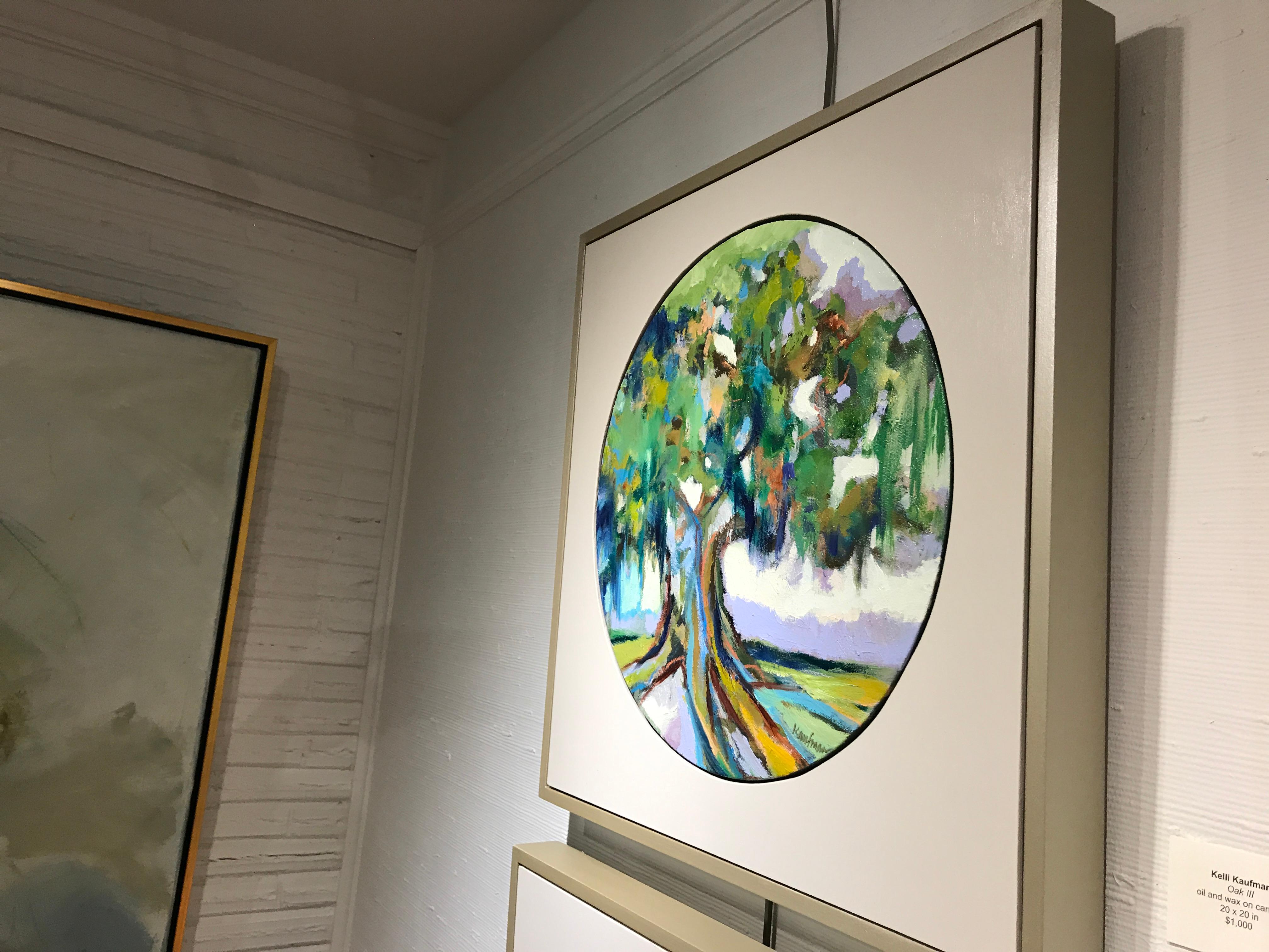 Oak III, Kelli Kaufman Framed Oil and Wax on Canvas Circular Landscape Painting 7