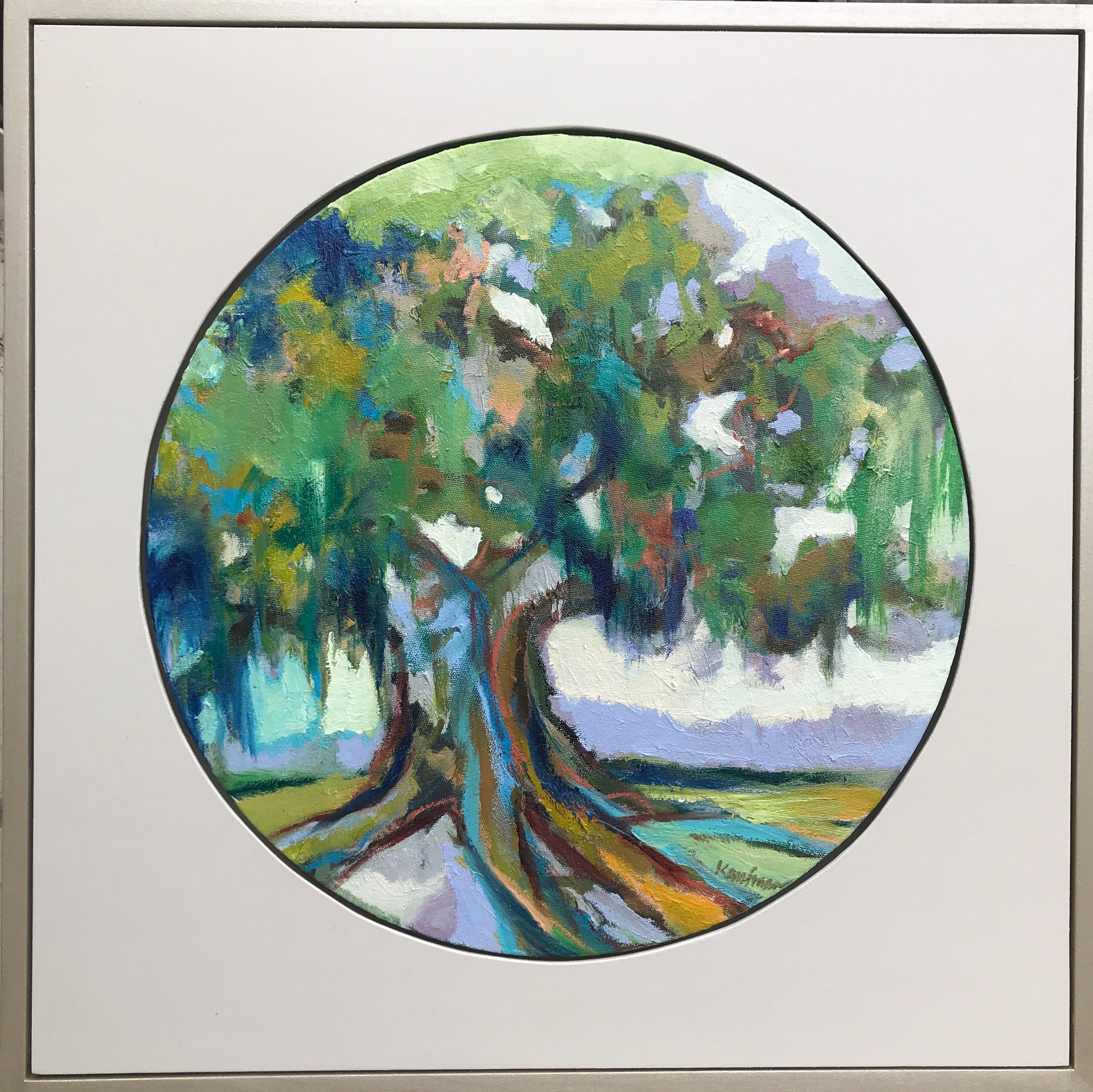 'Oak III' is a contemporary small oil and wax on canvas circular landscape painting set inside a square frame, created by American artist Kelli Kaufman in 2018. Featuring an exquisite palette made of a lovely tonality of green, purple, blue and
