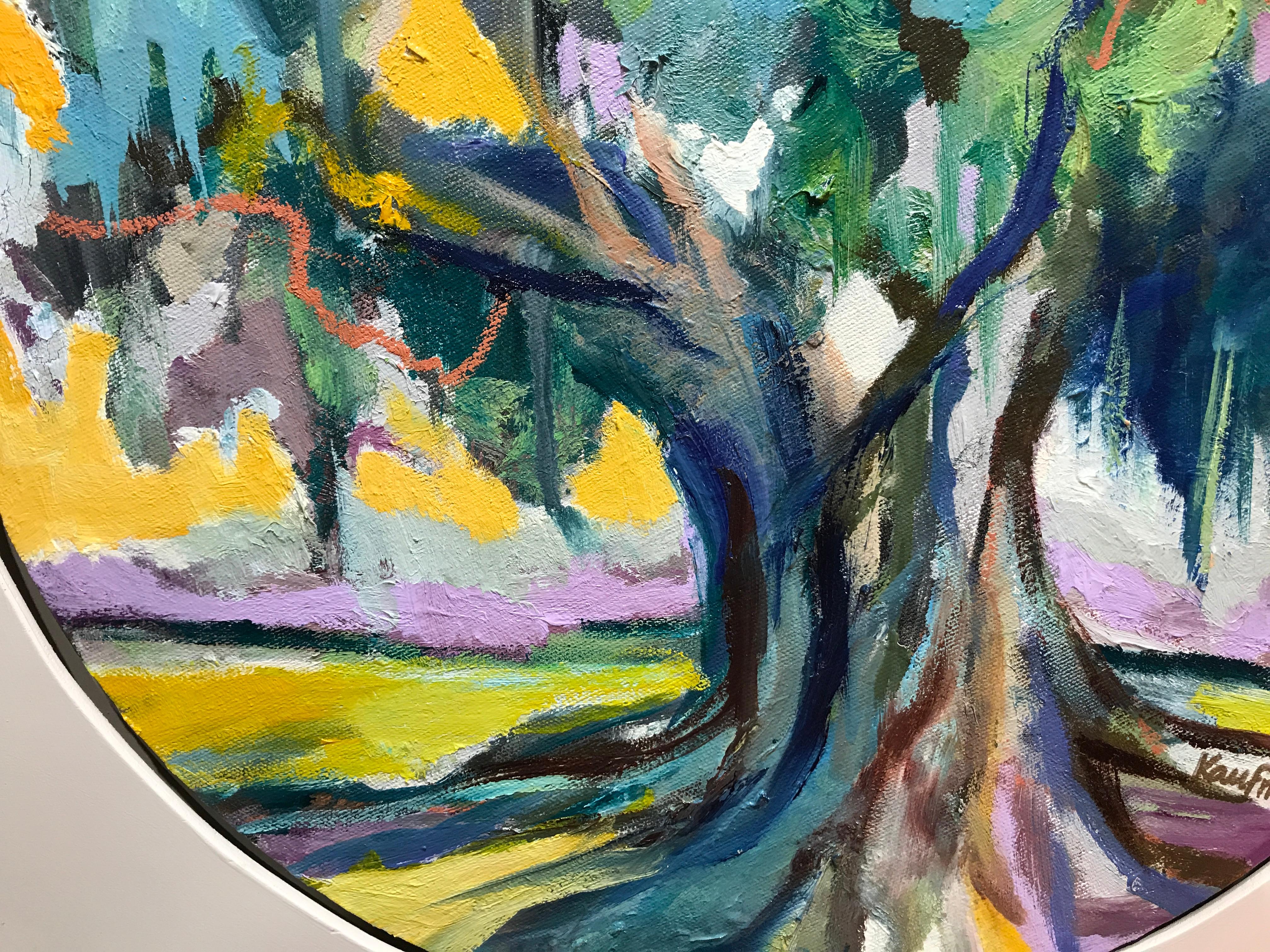 Oak IV, Kelli Kaufman Circular Framed Oil and Wax on Canvas Landscape Painting 3