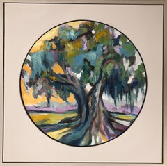 Oak IV, Kelli Kaufman Circular Framed Oil and Wax on Canvas Landscape Painting