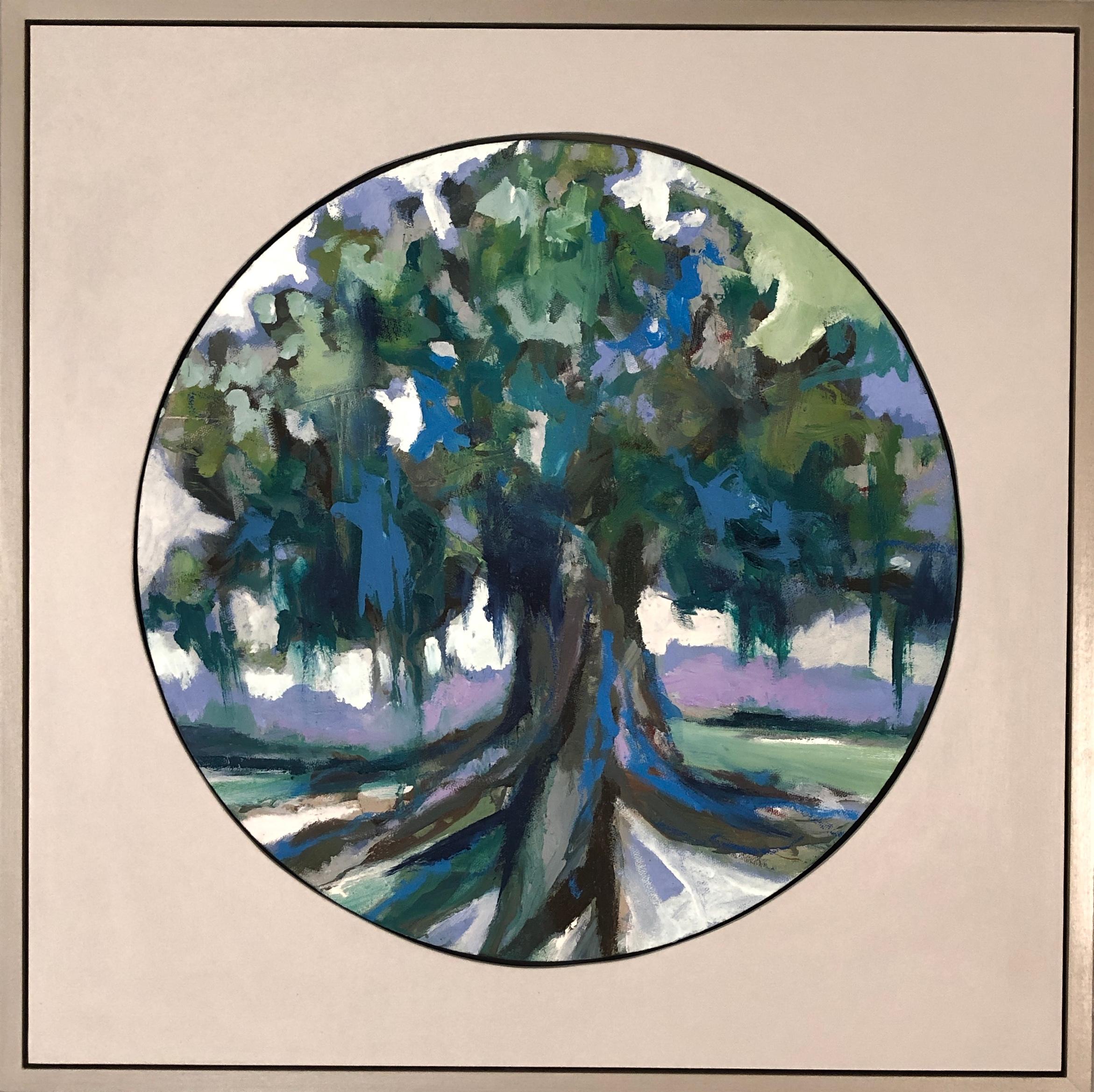 'Oak V' is a contemporary small oil and wax on canvas circular landscape painting set inside a square frame, created by American artist Kelli Kaufman in 2018. Featuring an exquisite palette made of a lovely tonality of green, blue, purple and brown